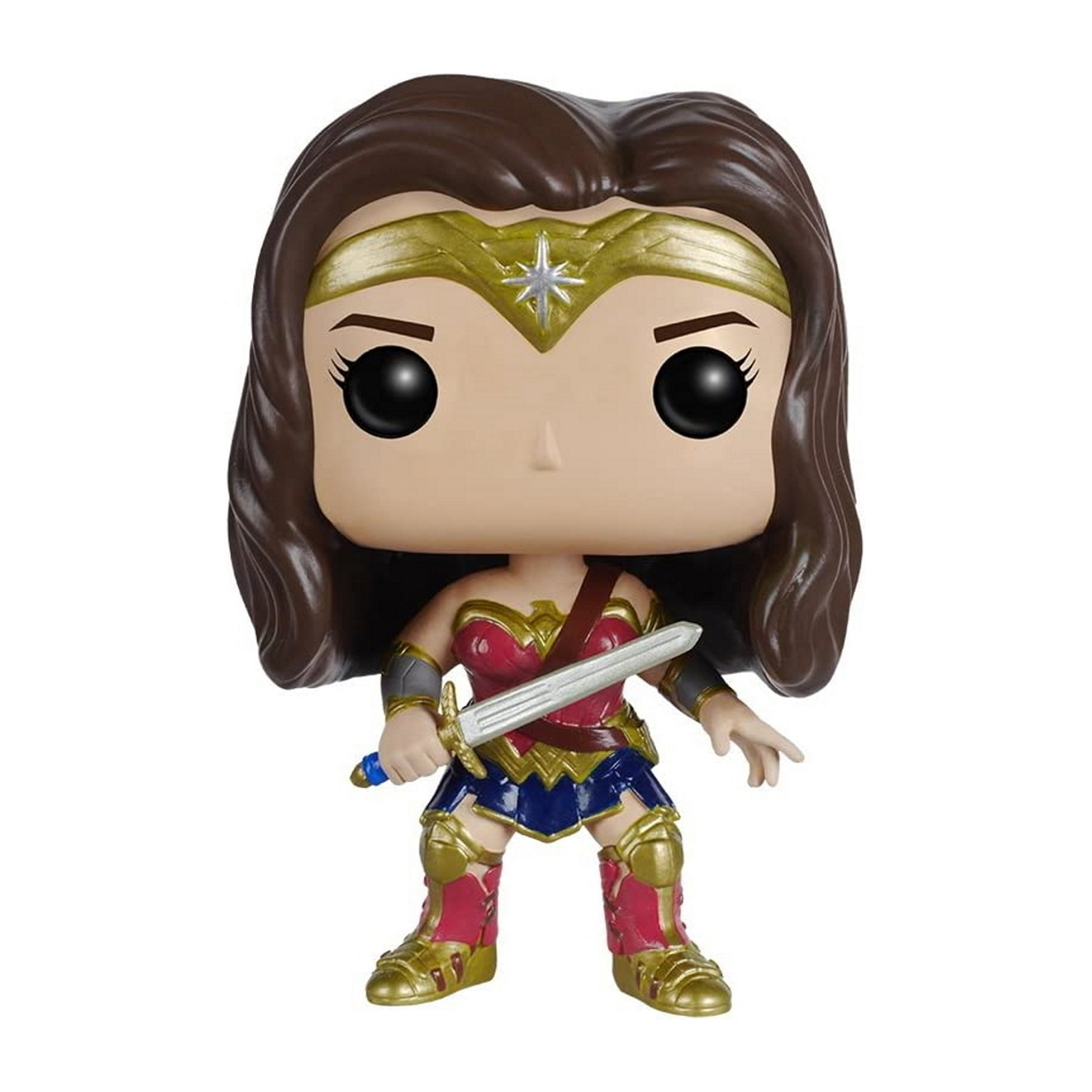 Wonder Woman Figur hält ein Schwert. Sie trägt eine goldene Tiara, rotes Oberteil und blauen Rock.