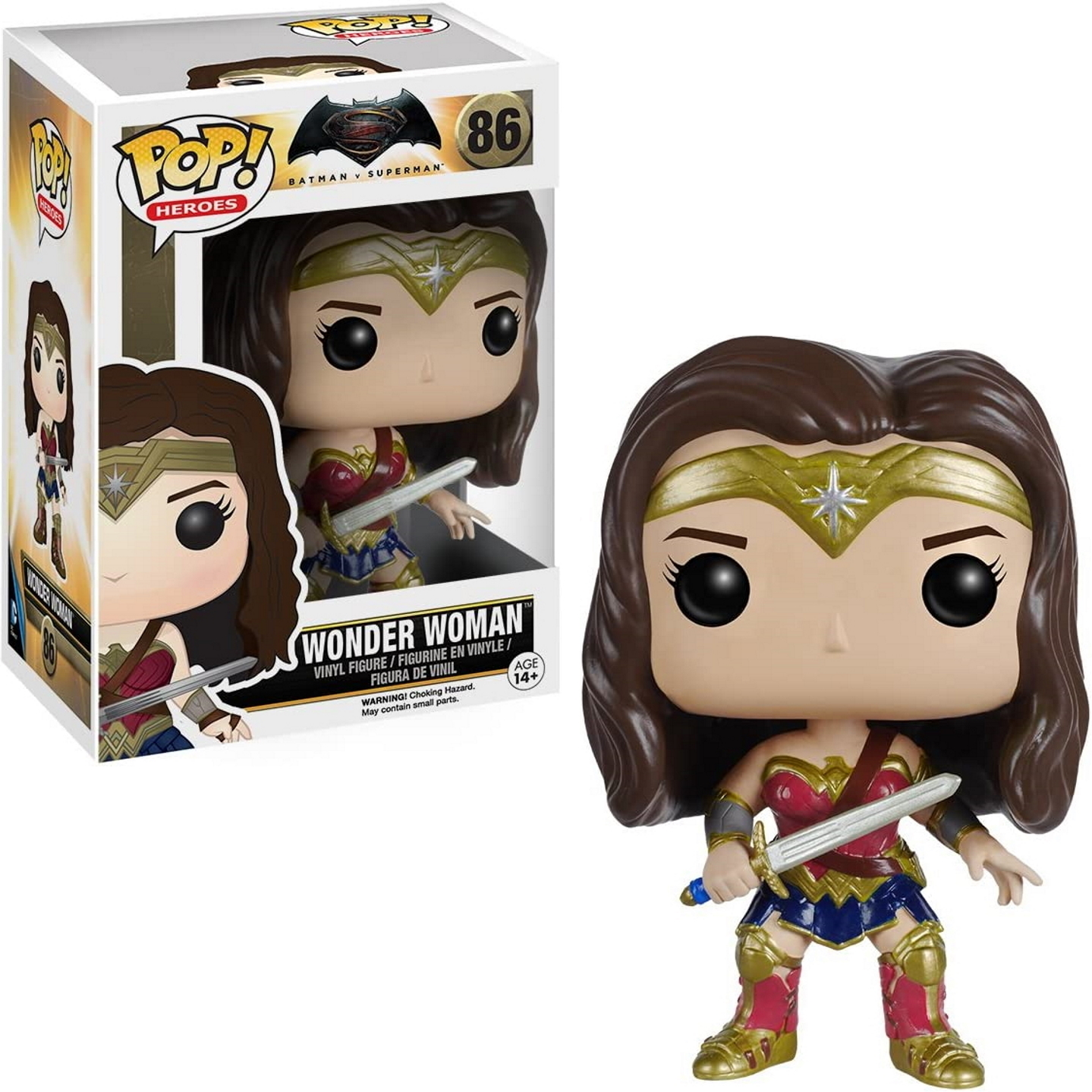 Wonder Woman Figur in einer Box, stehend mit Schwert.