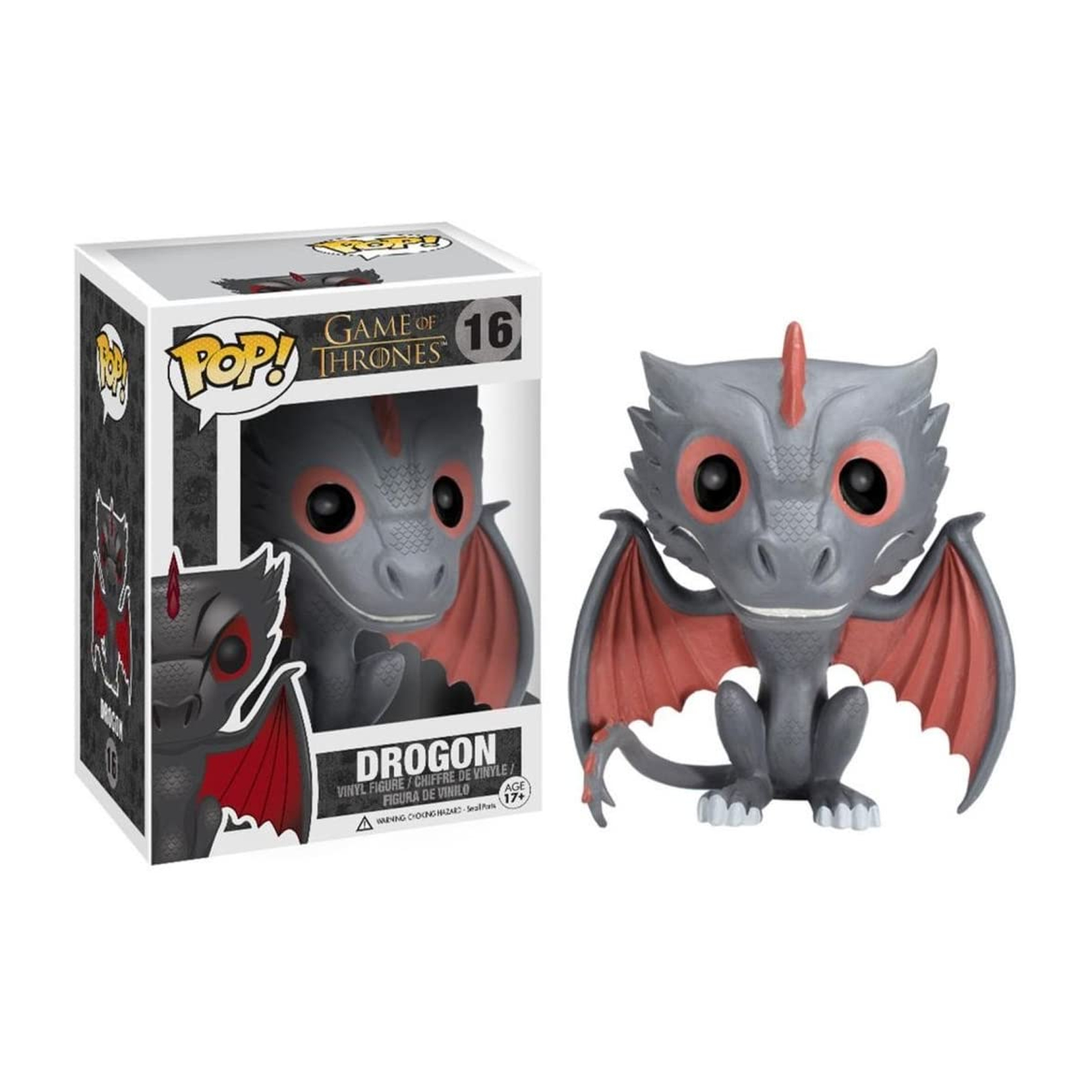 Eine Game of Thrones Drogon-Figur in ihrer Box. Die Figur ist grau mit roten Flügeln.