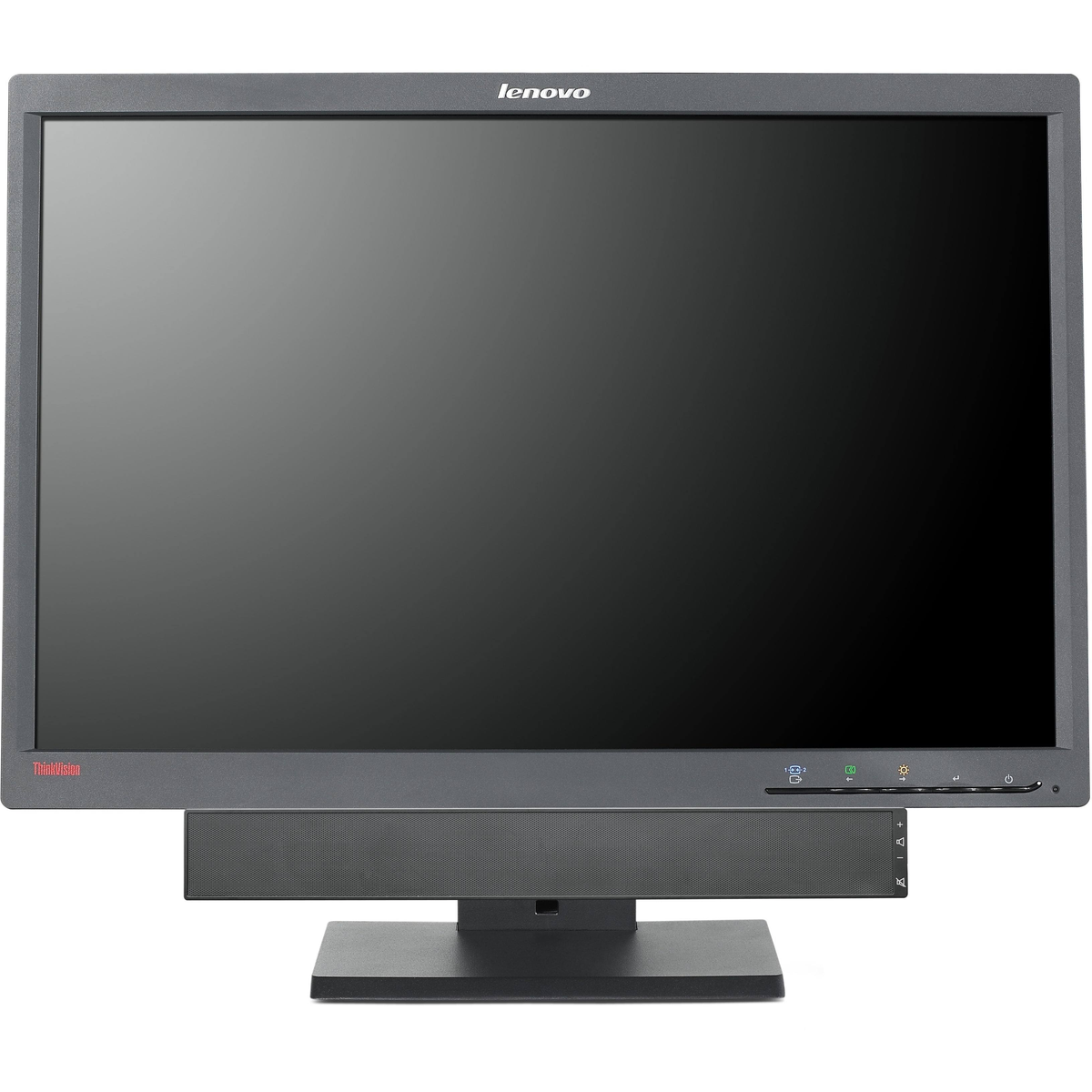 Moniteur Lenovo ThinkVision noir avec une barre de son intégrée.