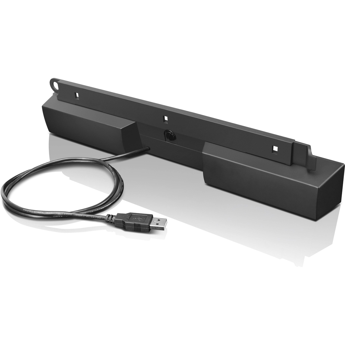 Une barre de son noire avec un câble USB, conçue pour être montée sous un moniteur.