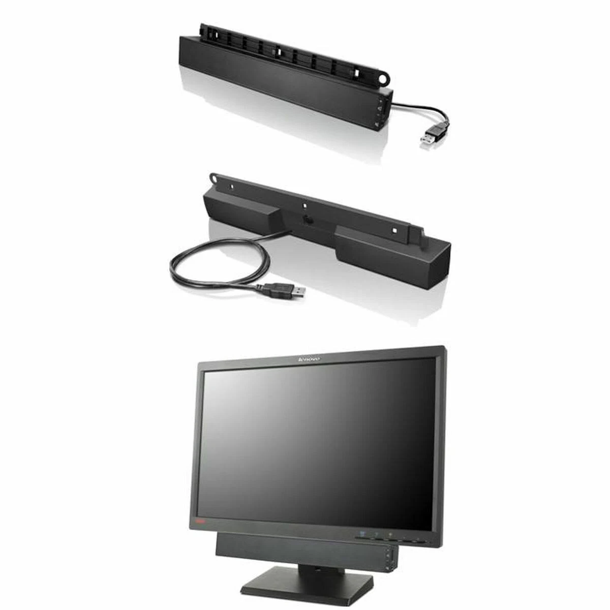 Trois barres de son noires et un moniteur d'ordinateur sur fond blanc.