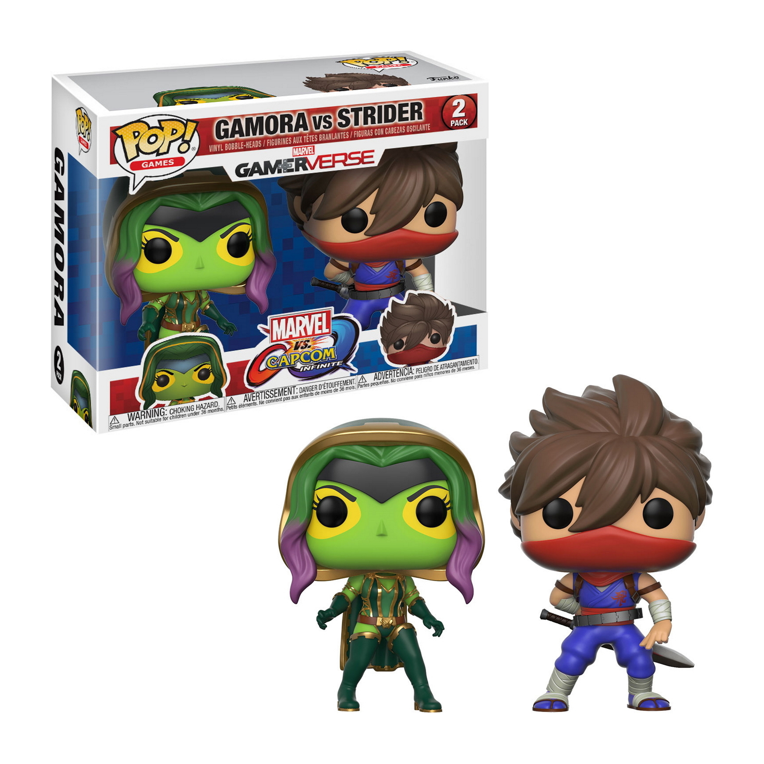 Funko Pop Figuren: Gamora vs. Strider aus Marvel vs. Capcom, mit den Figuren und der Box.