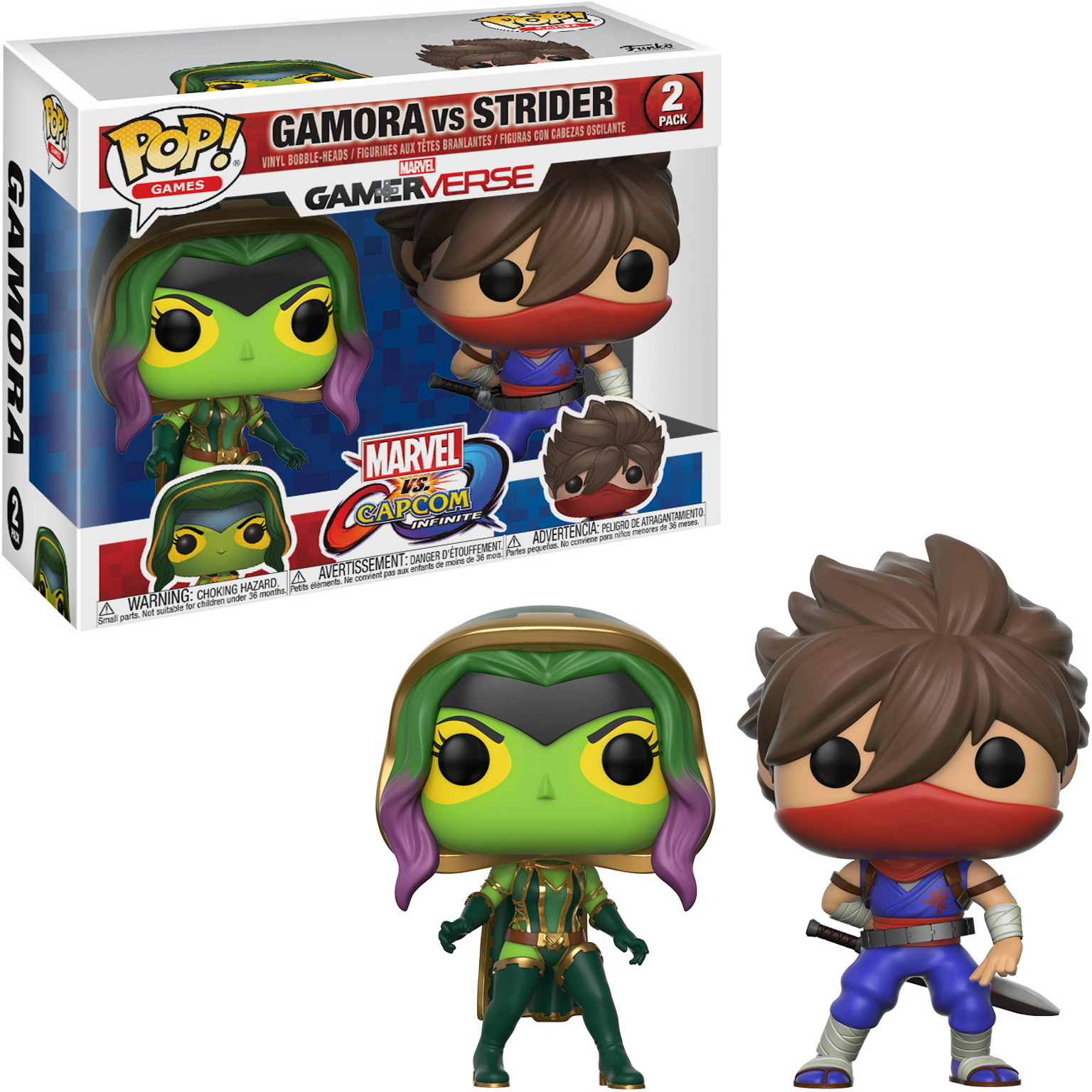 Funko Pop-Figuren von Gamora und Strider aus Marvel vs. Capcom. Die Charaktere sind in Action-Posen.