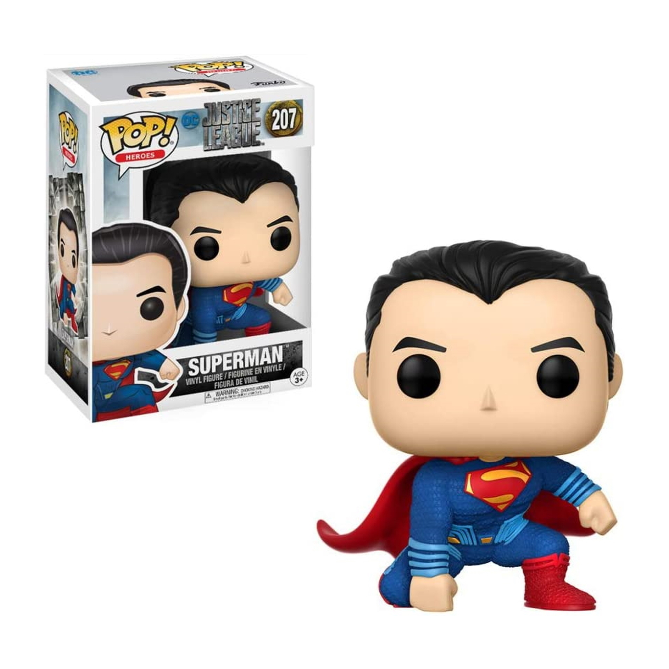 Figurka Funko Pop Supermana z Ligi Sprawiedliwości. Figurka nosi niebieski strój i czerwoną pelerynę.