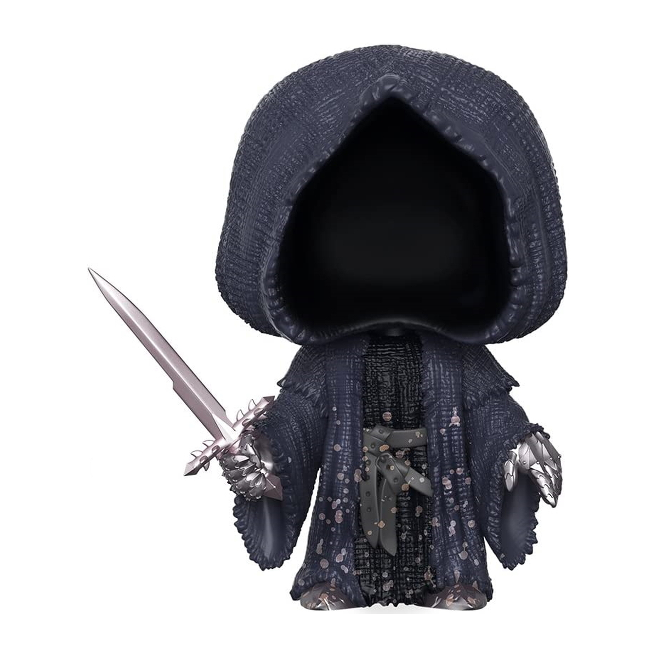 Eine Funko Pop Figur des Nachtkönigs. Sie hält ein Schwert und ist in eine dunkle Robe mit Kapuze gekleidet, auf weißem Hintergrund.