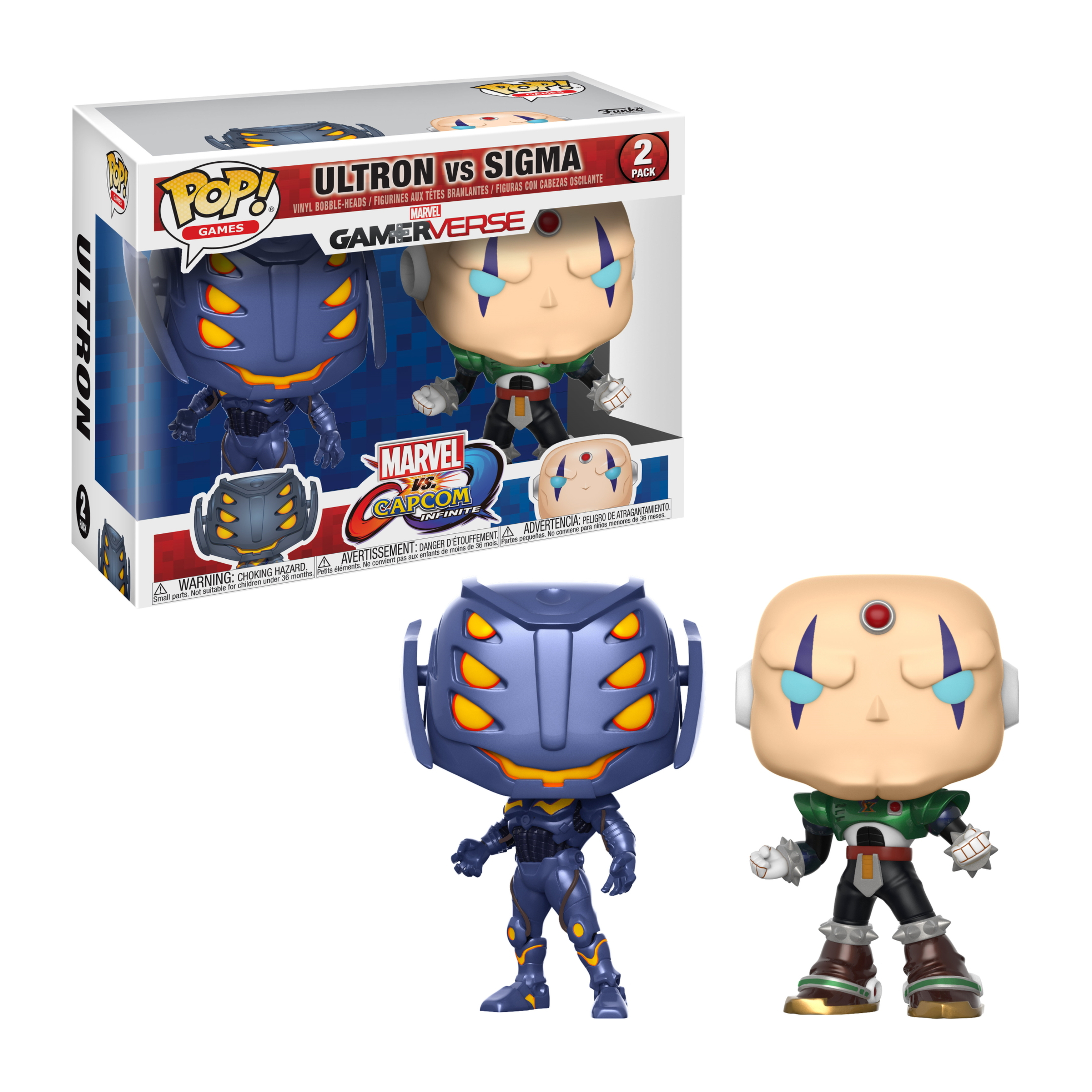 Ultron vs. Sigma Funko Pop Figuren in der Box, und die Figuren außerhalb der Box.