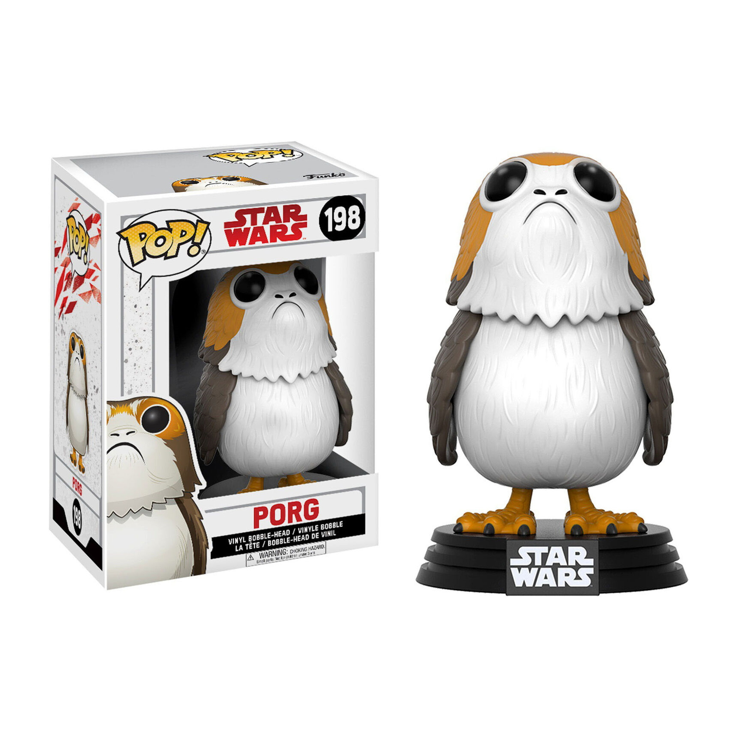 Eine Porg-Figur aus Star Wars, mit ihrer Box. Porg ist in der Box und daneben.
