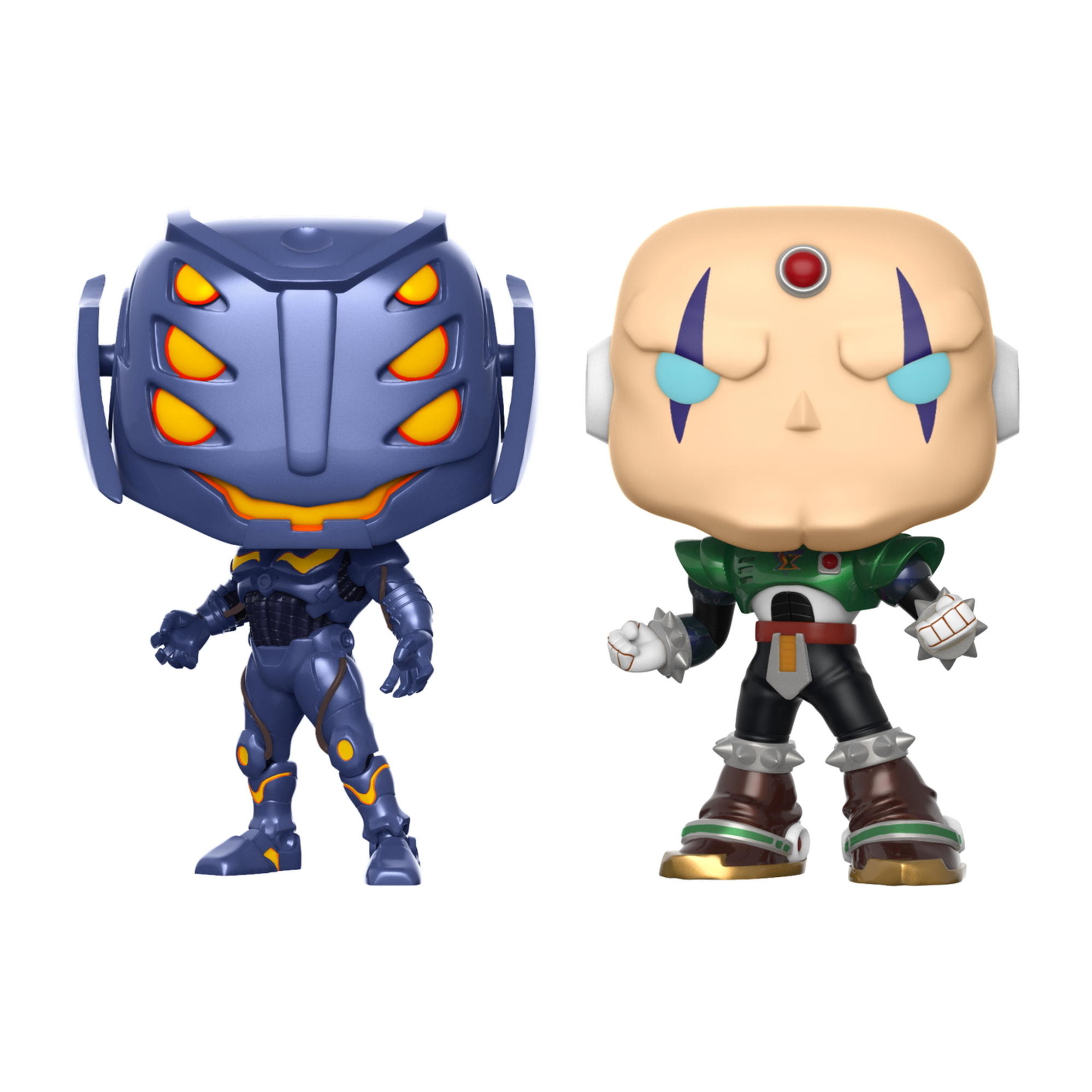 Zwei Funko Pop Figuren. Einer ist ein blauer Roboter. Der andere ist ein kahler Mann mit grüner Rüstung.