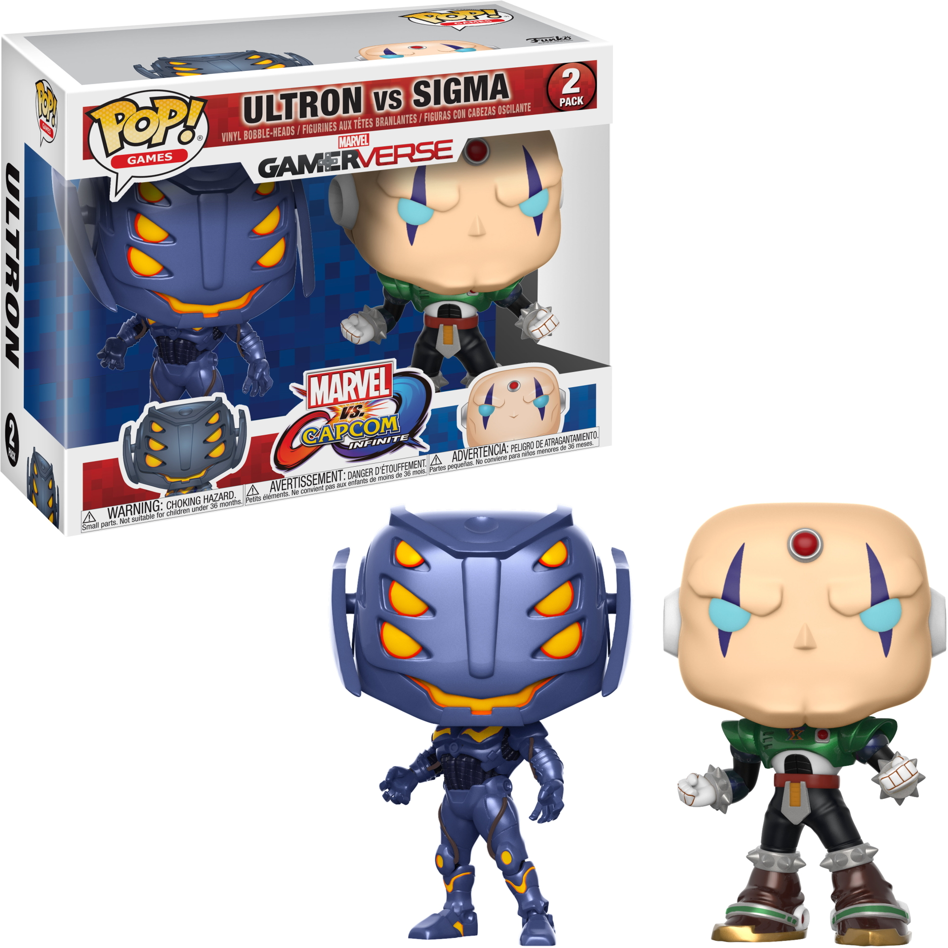 Funko Pop Figuren: Ultron und Sigma, in einer Box und als einzelne Figuren.