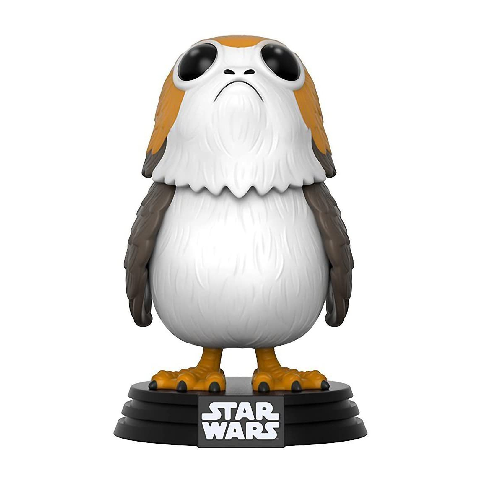 Eine Porg-Figur aus Star Wars, die auf einer schwarzen Basis mit dem Star Wars-Logo steht.