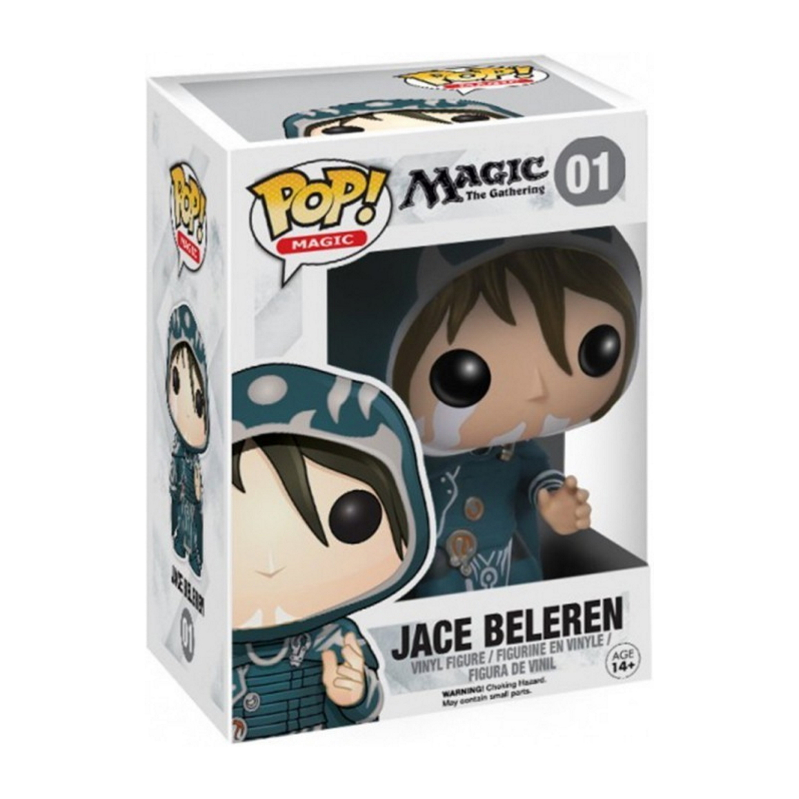 Funko Pop Box, Magic The Gathering. Jace Beleren Figur, trägt blau-weißes Outfit.