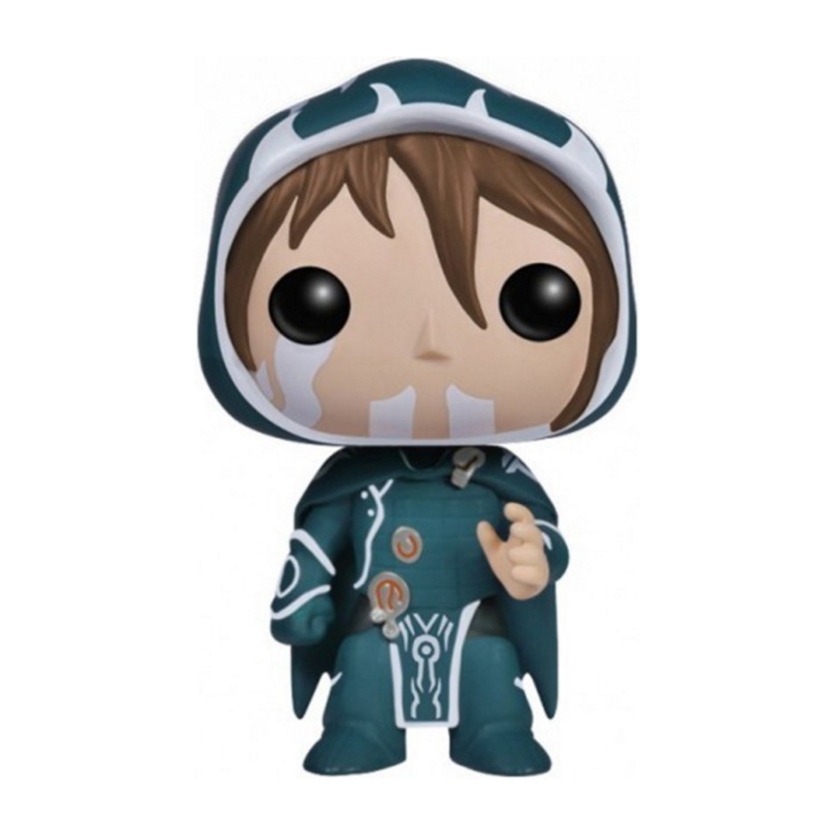 Eine Funko Pop Figur mit Kapuze. Die Figur trägt Teal, hat weiße Gesichtsmarkierungen und einen neutralen Ausdruck.