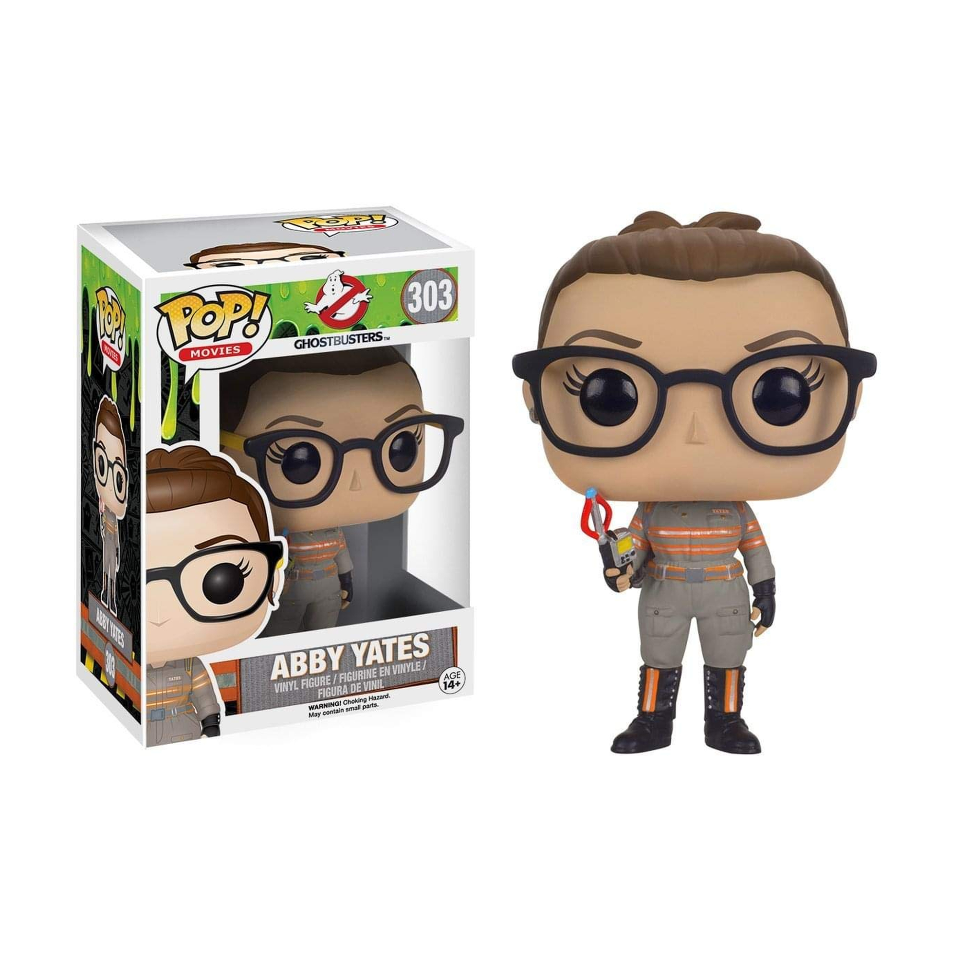 Figurine Funko Pop! d'Abby Yates de Ghostbusters, dans la boîte et en dehors.