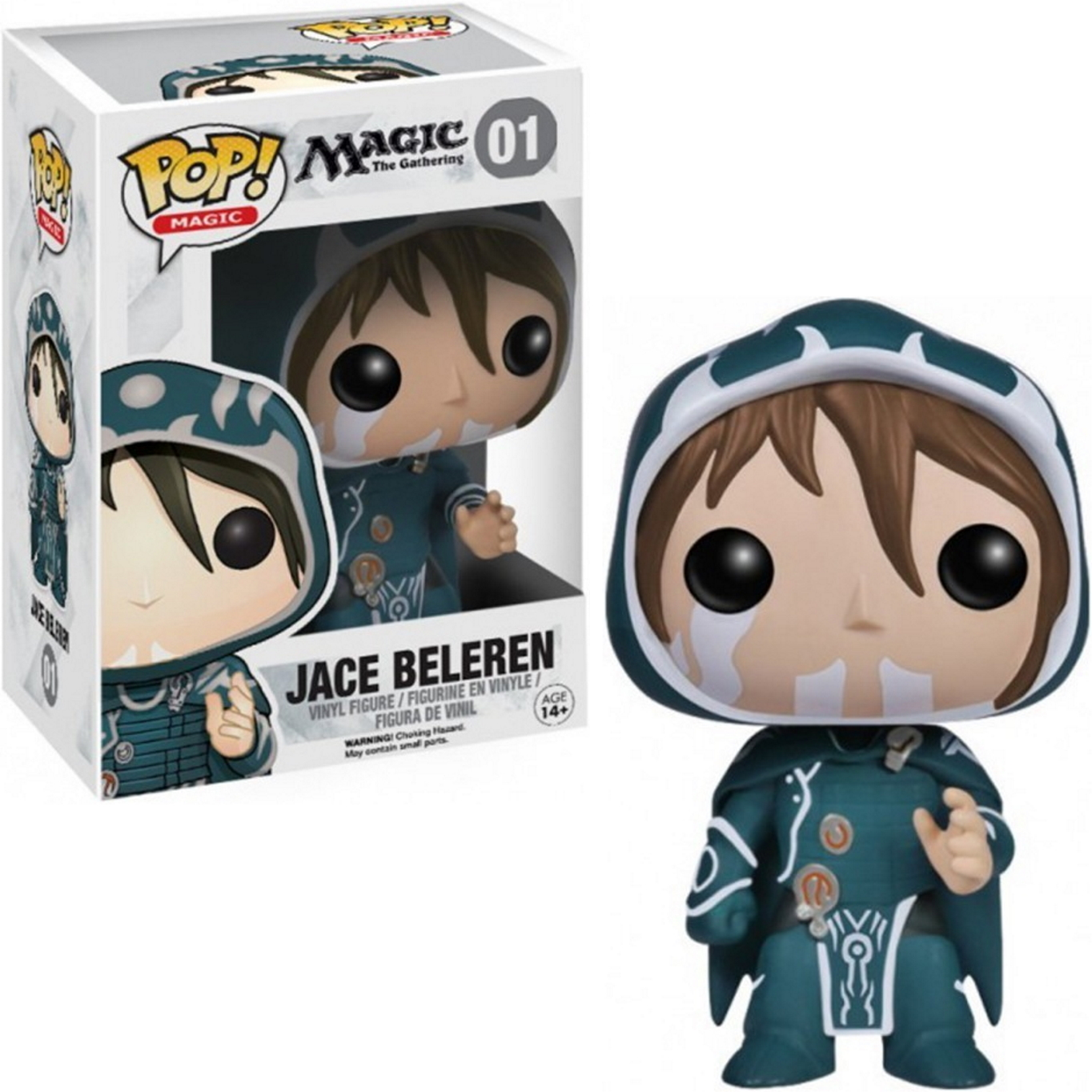 Eine Funko Pop-Figur von Jace Beleren aus Magic: The Gathering, in einer Box. Er trägt einen blauen Umhang.