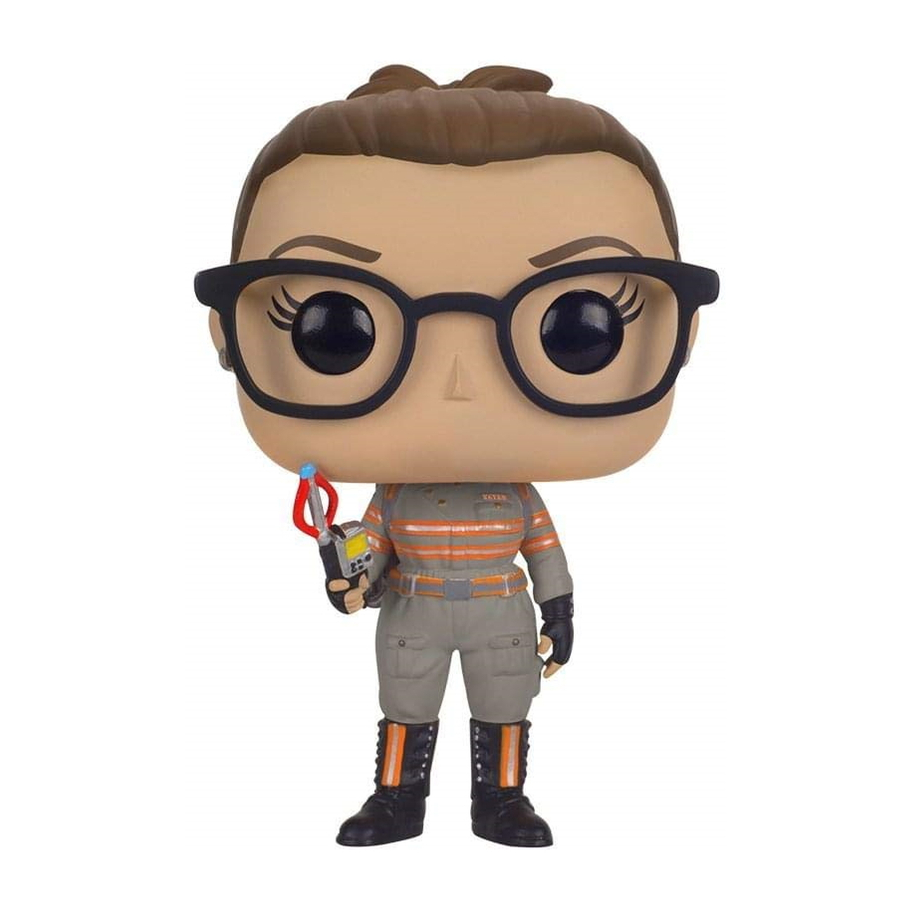 Figurine Funko Pop d'une femme en uniforme de Ghostbusters, tenant un pack à protons. Elle porte des lunettes.