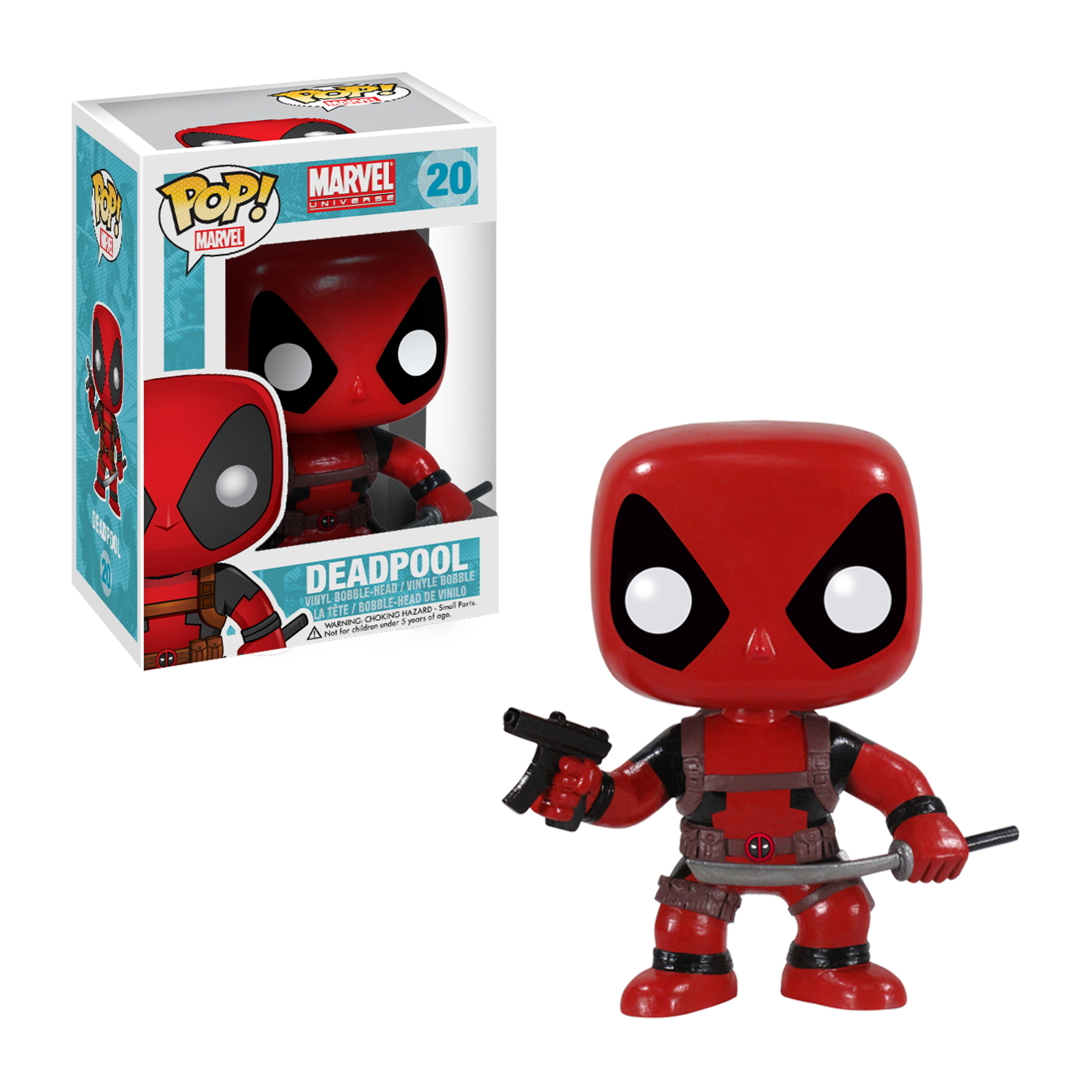 Eine Deadpool-Figur mit einer Box. Die Figur ist rot und schwarz. Sie hält zwei Katanas und eine Pistole.