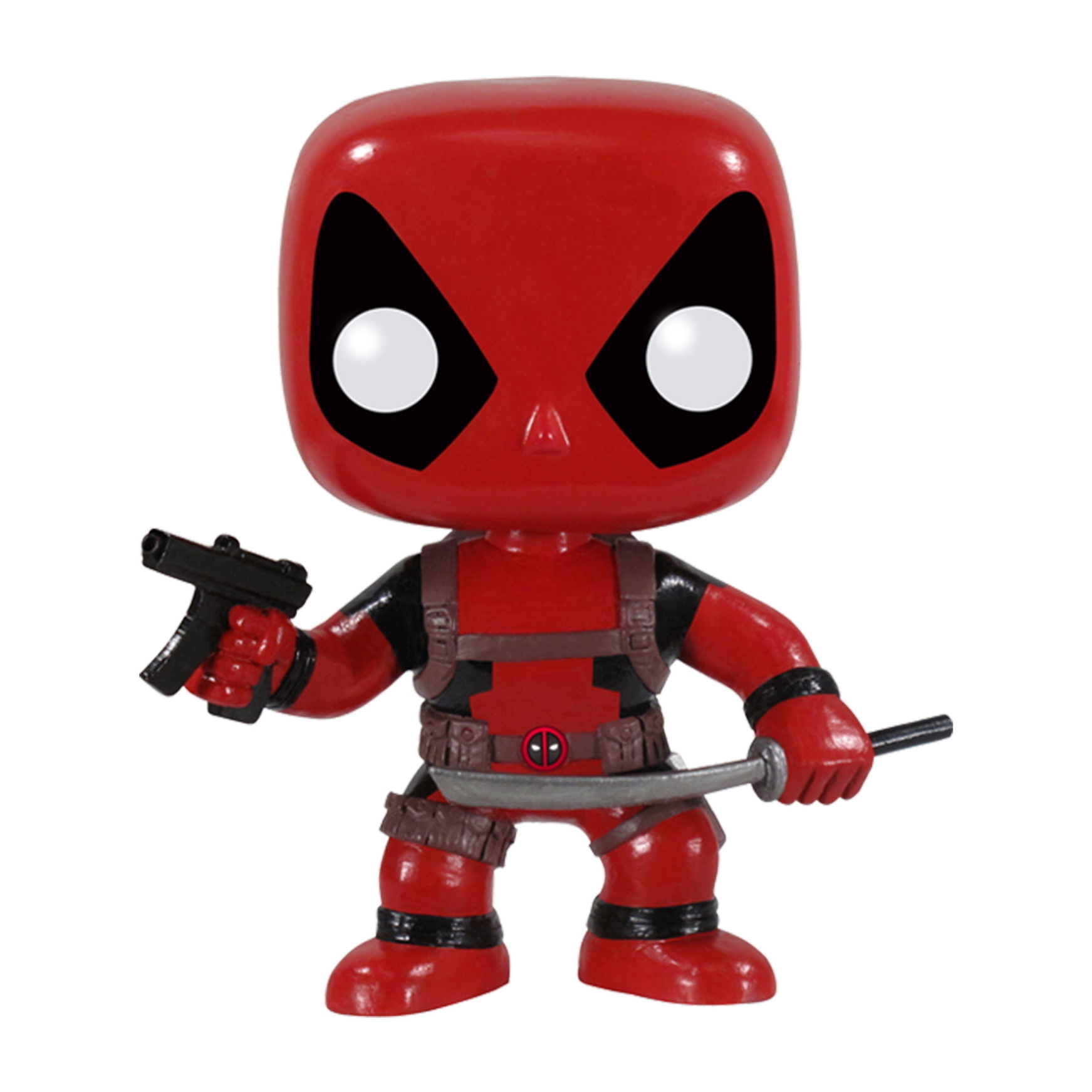 Eine rote Deadpool-Figur, die eine Pistole und ein Schwert hält. Sie hat einen quadratischen Kopf und ist in einer dynamischen Pose.