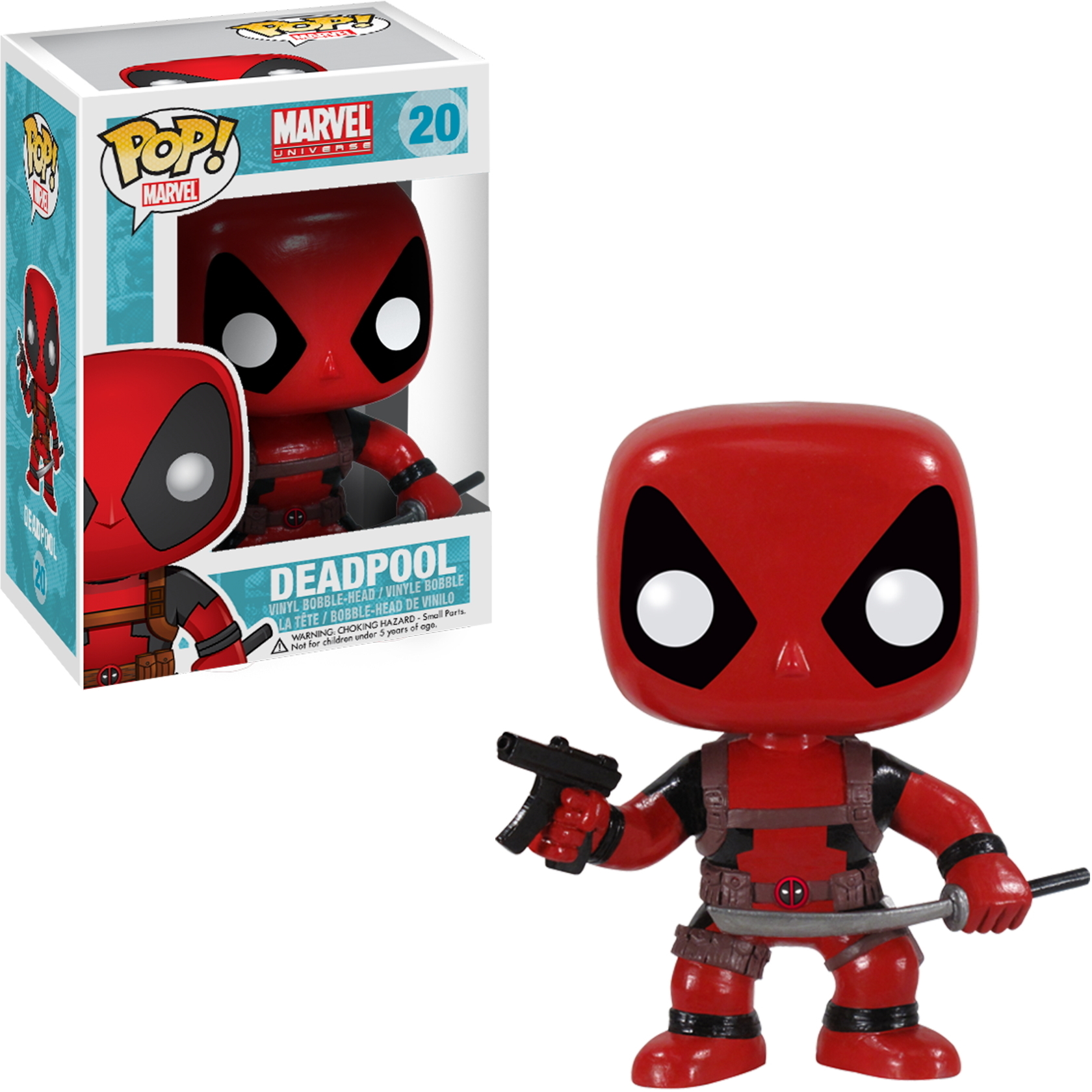 Eine Deadpool Funko Pop Figur mit Pistole und Schwert, mit der Box daneben, auf weißem Grund.