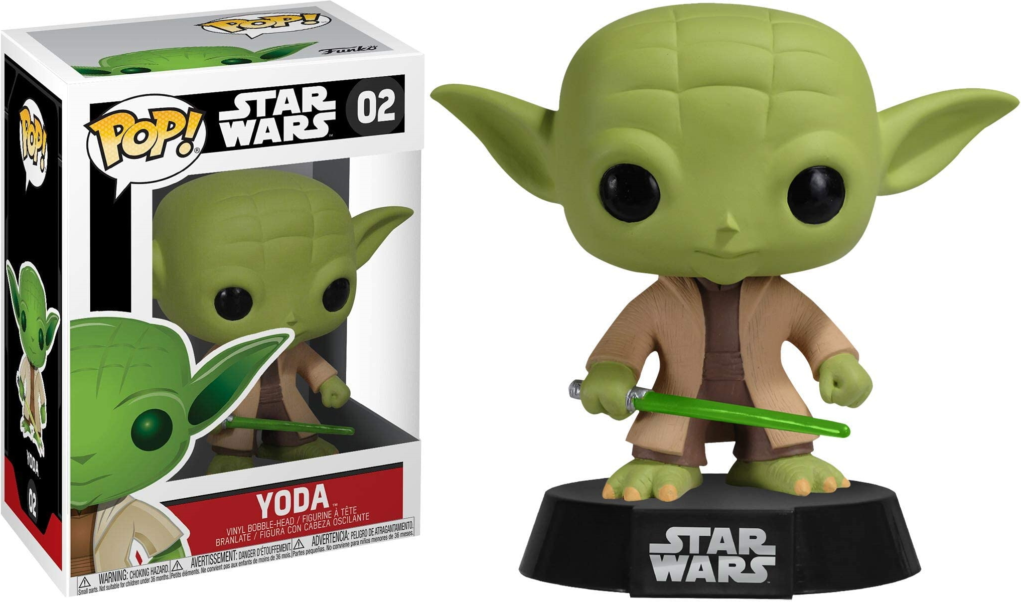 Yoda Funko Pop Figur und Box. Yoda hält ein grünes Lichtschwert, trägt einen braunen Umhang und steht auf schwarzer Basis.