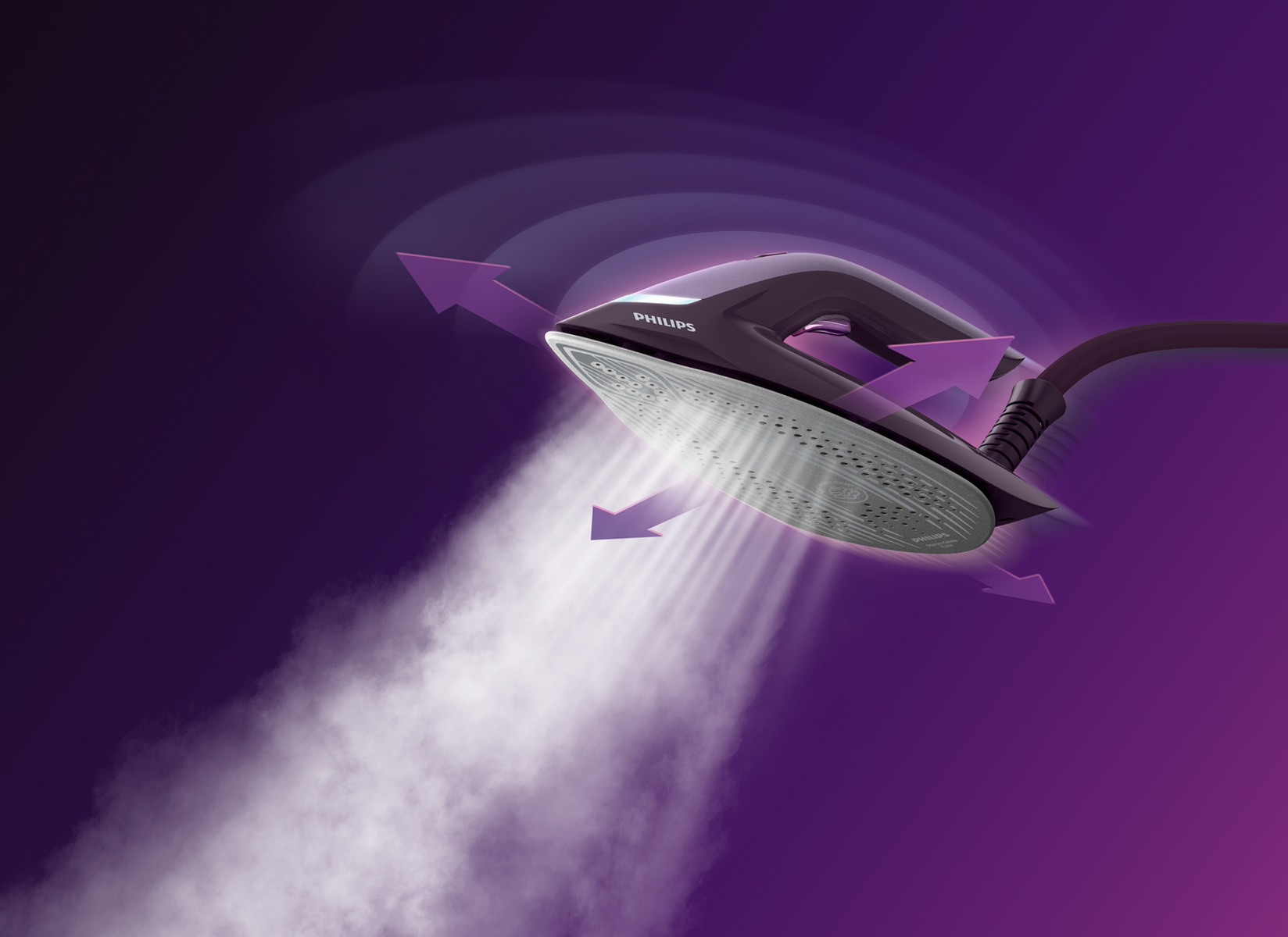 Ferro da stiro Philips nero che emette vapore, con frecce viola che indicano la direzione.