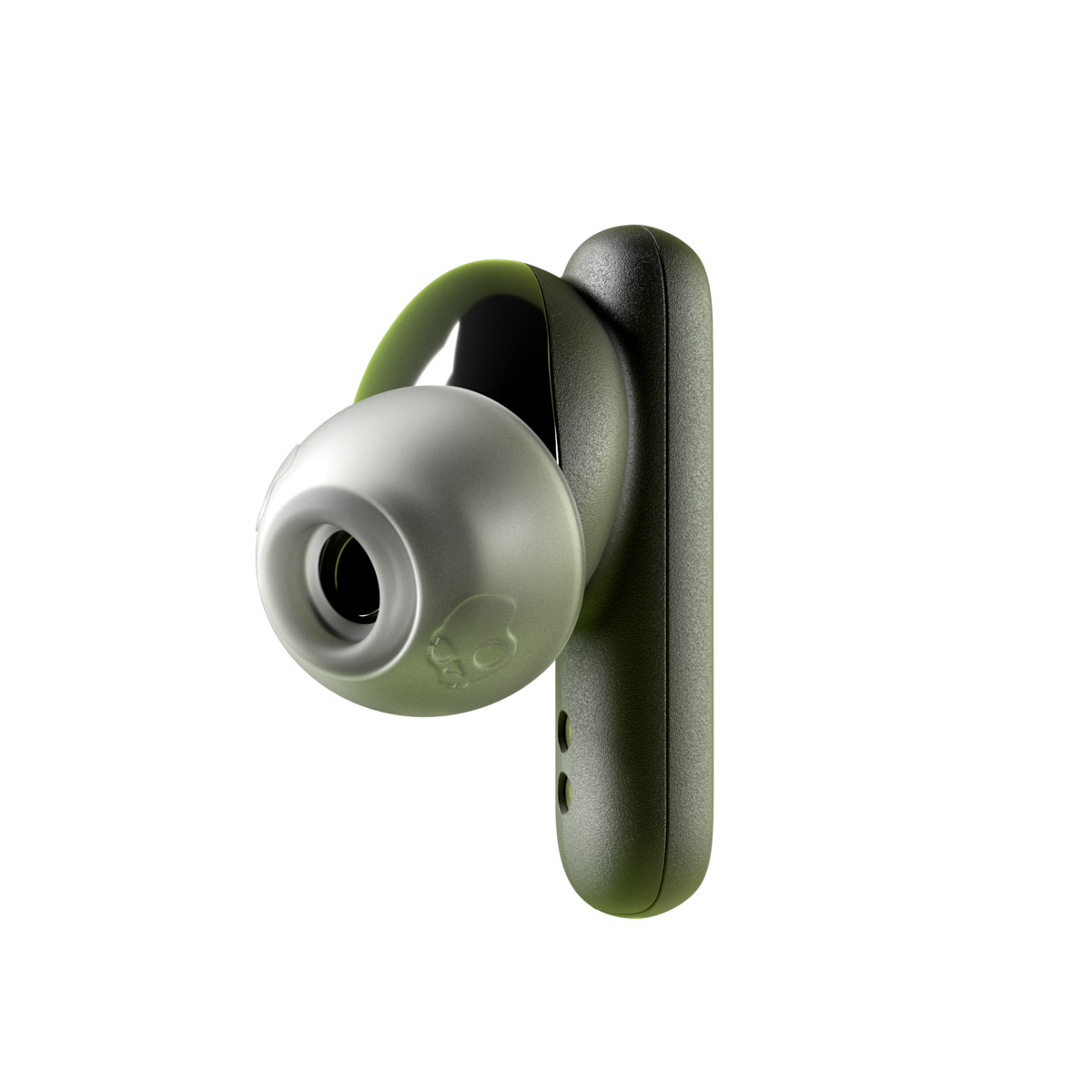 Słuchawka douszna. Słuchawka jest ciemnoszara i czarna. Ma srebrną końcówkę i zakrzywiony kształt.