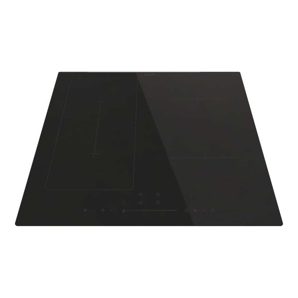 Czarna płyta indukcyjna ze szkła z czterema strefami gotowania i sterowaniem dotykowym. Białe tło.