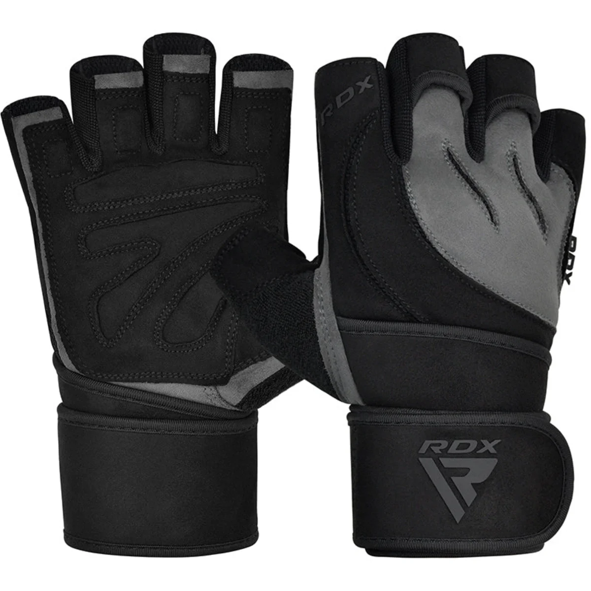 Gants d'haltérophilie RDX noirs et gris avec sangle de poignet. Les gants sont sans doigts, avec rembourrage.