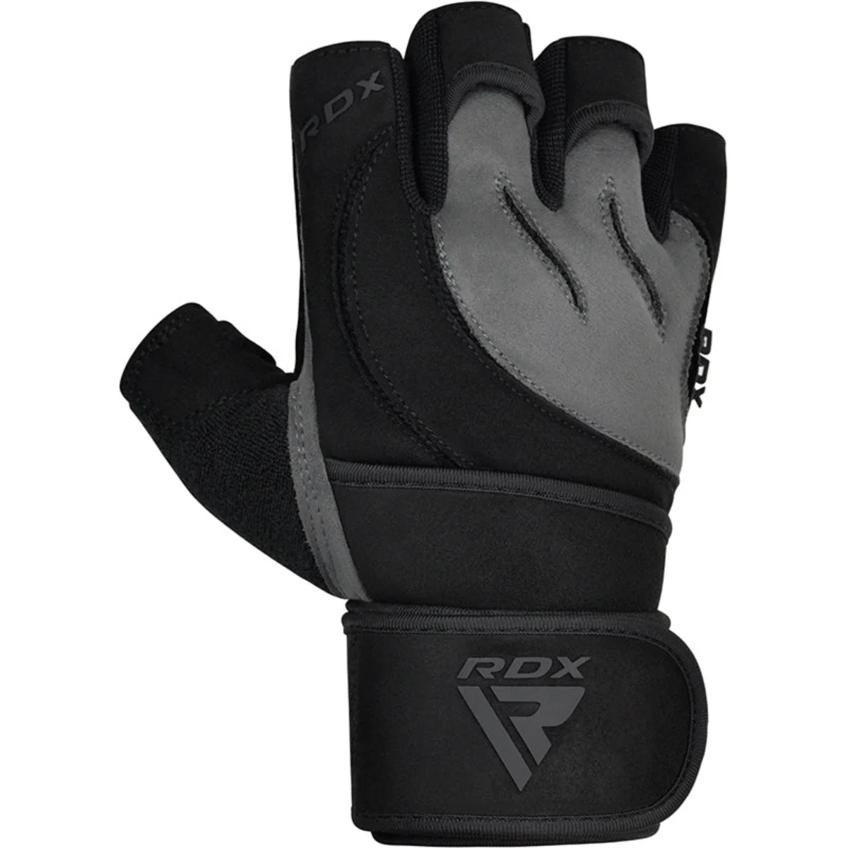 Gant d'haltérophilie noir et gris. Logo RDX sur la sangle de poignet. Doigts exposés. Paume rembourrée grise.