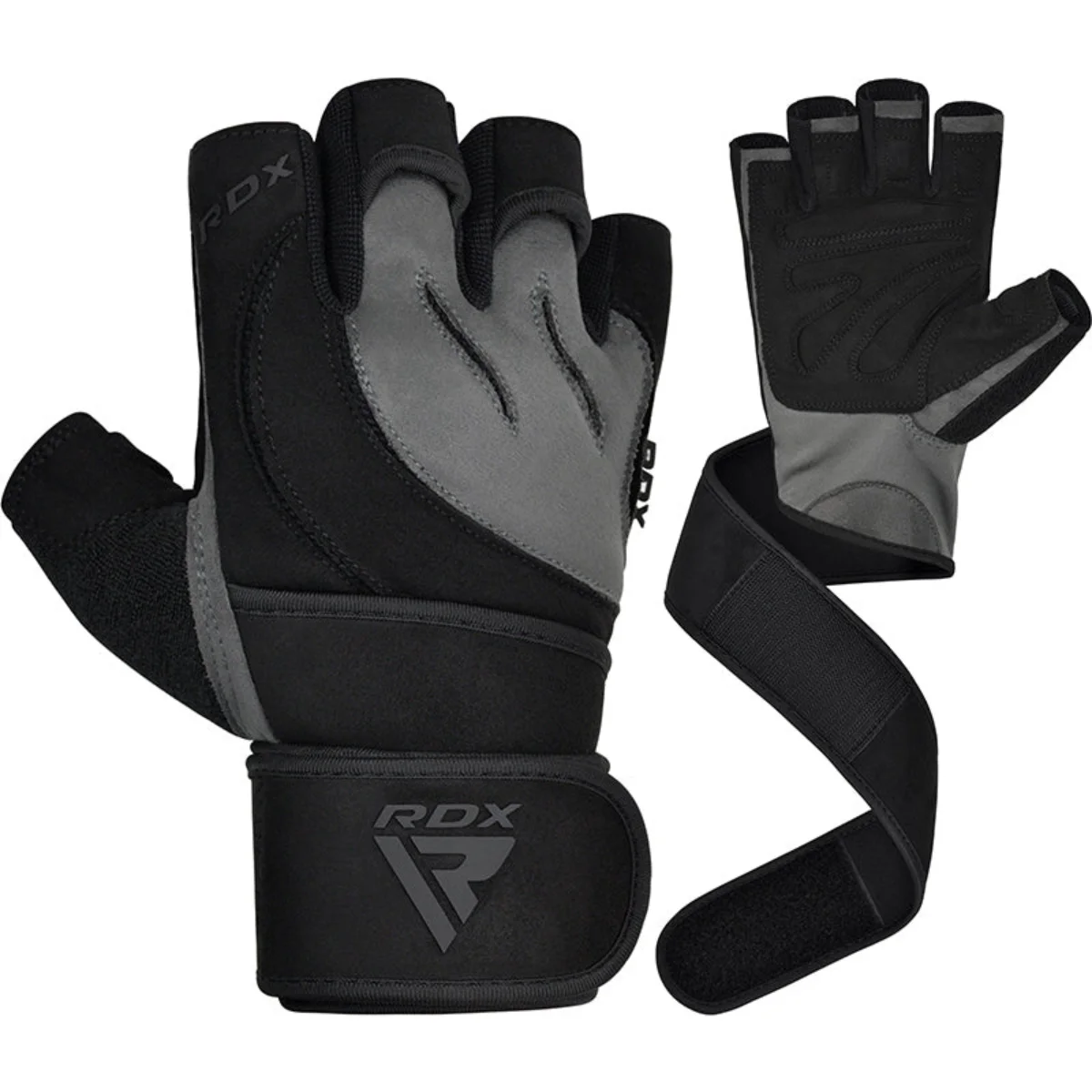 Gants d'haltérophilie noirs et gris. Des sangles de poignet avec le logo RDX sont attachées.