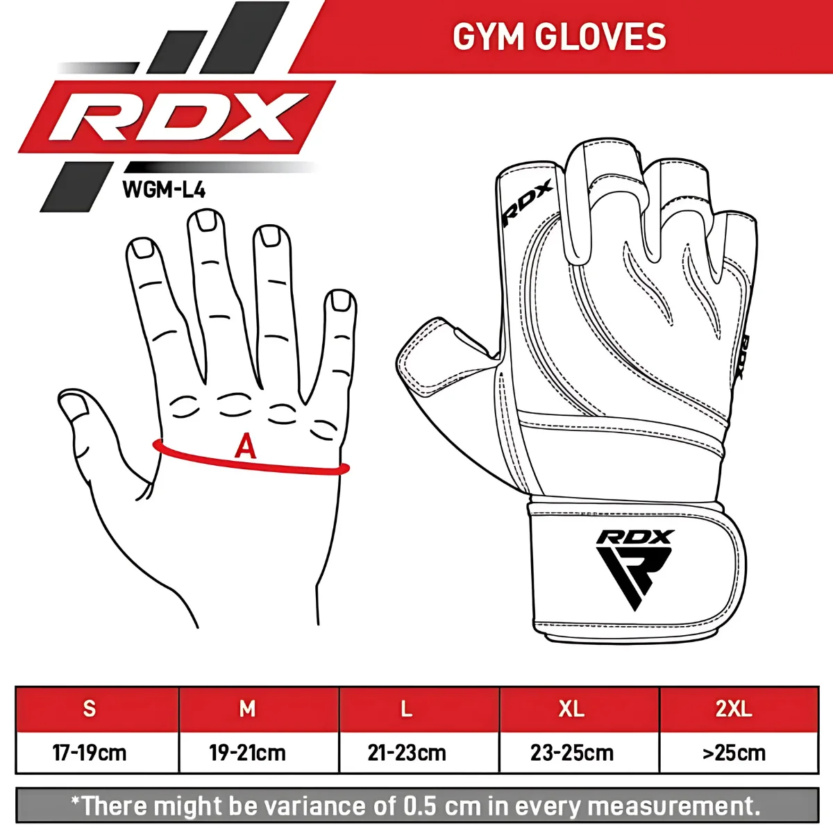 Diagramme de gants de gym montrant un guide de mesure et un tableau des tailles.