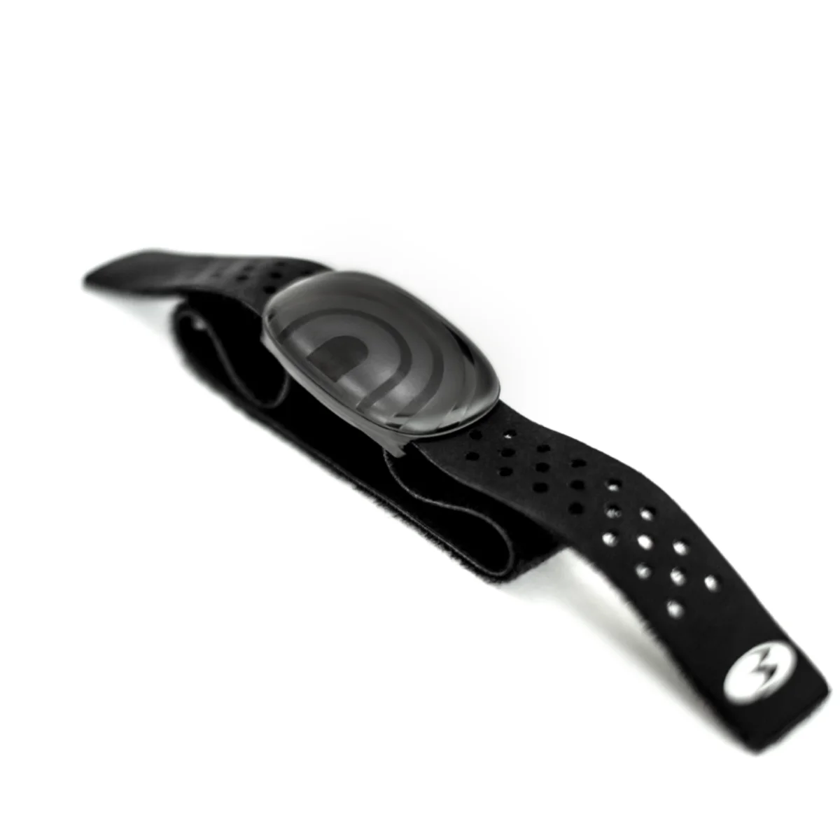 Black fitness tracker on a black strap, white background.
