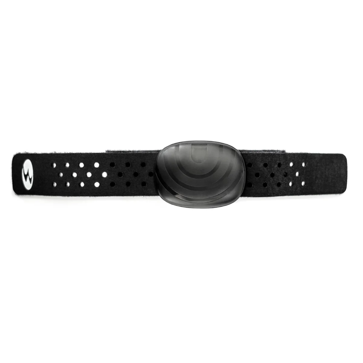 Black heart rate monitor band with a central black pod and white dots on the strap.
