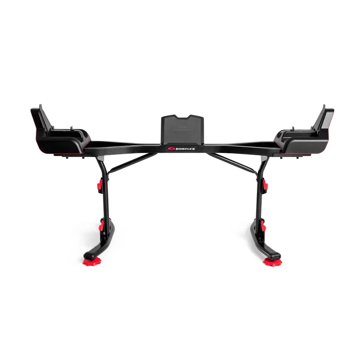 Czarna ławka do ćwiczeń Bowflex z czerwonymi akcentami. Posiada dwa podpory na ciężary i centralną podporę.