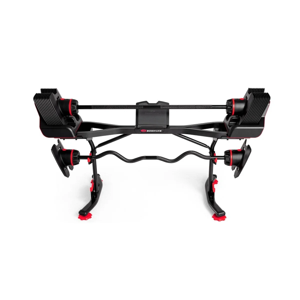 Regulowane hantle, czarne i czerwone. Obciążenia są na czarnym stojaku z czerwonym logo Bowflex.