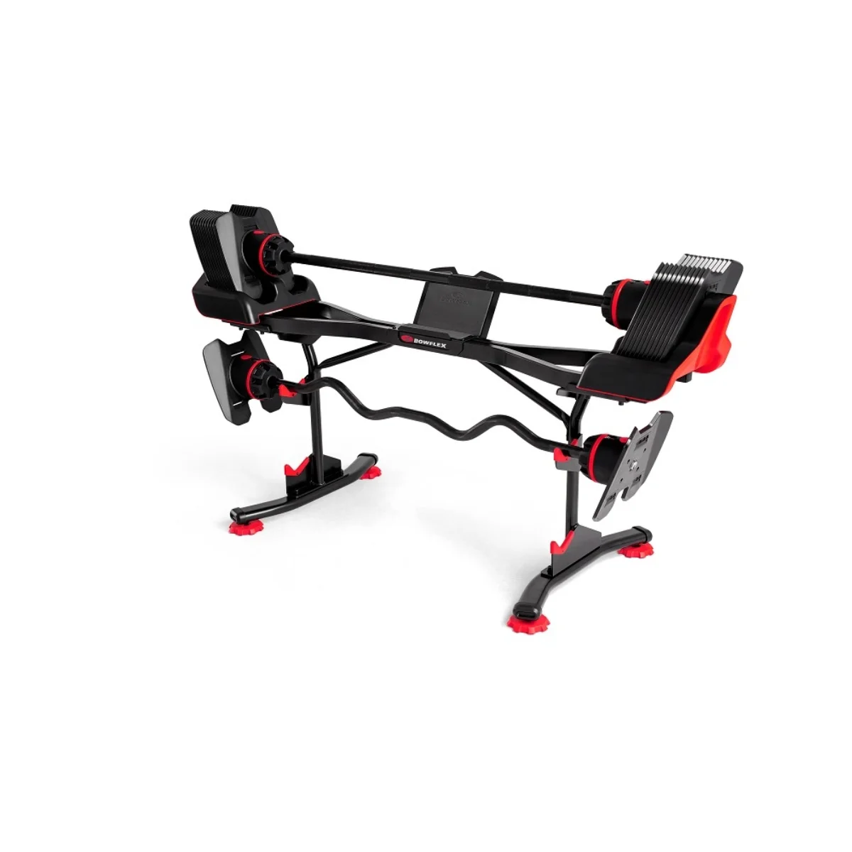 Regulowane hantle Bowflex SelectTech na stojaku. Czarno-czerwony design. Białe tło.