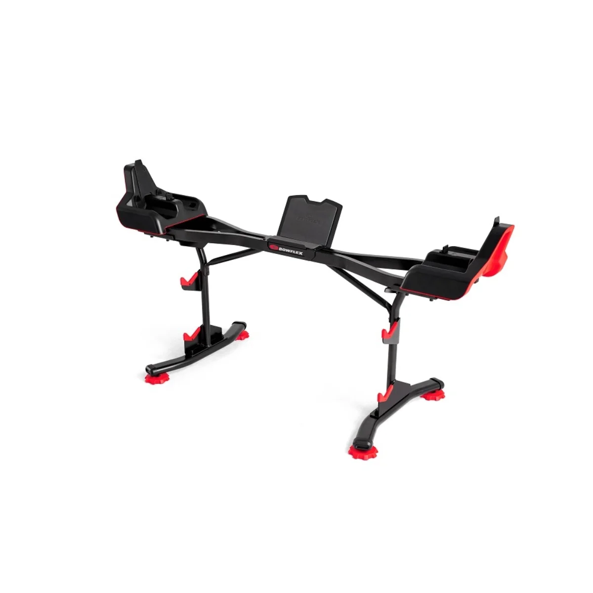 Czarno-czerwona maszyna do ćwiczeń Bowflex na białym tle.