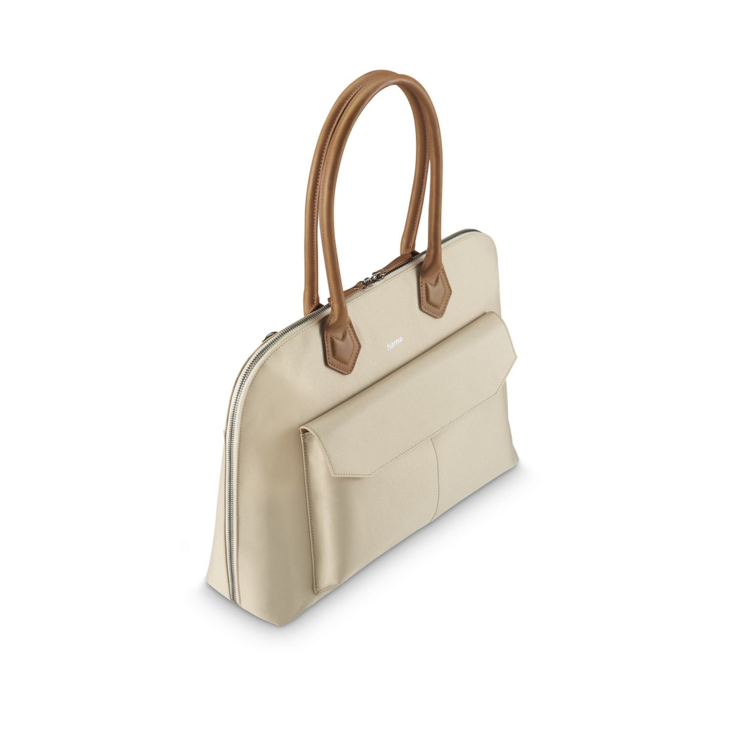 Eine cremefarbene Handtasche mit braunen Henkeln und einer Seitentasche.