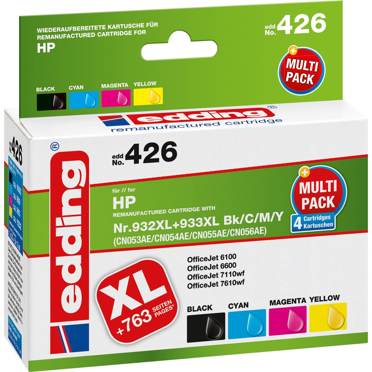 Eine Schachtel mit Edding-Tonerpatronen für HP-Drucker, mit verschiedenen Tintenfarben.