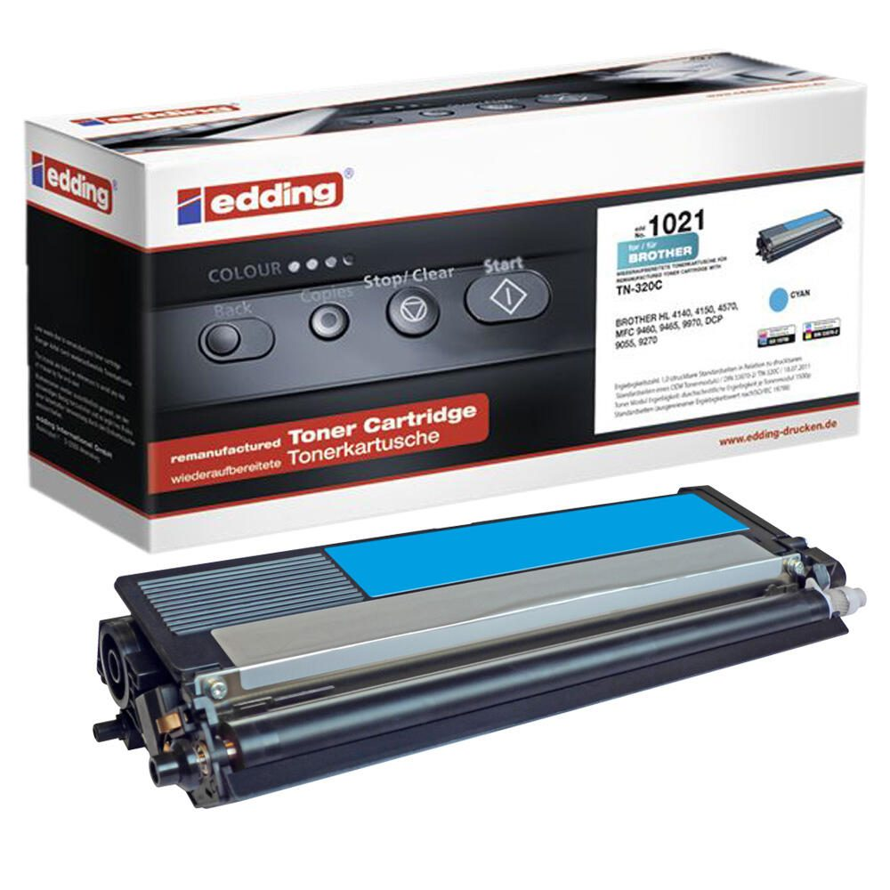 Cartuccia toner blu con scatola. La scatola è bianca e blu con il logo edding.