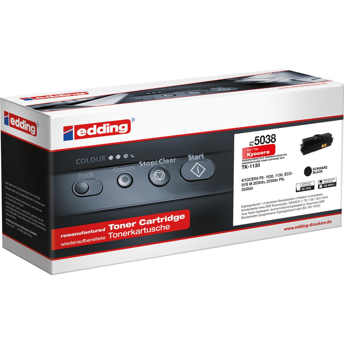 Pudełko z tonerem Edding, czarno-czerwone, ze szczegółami produktu.