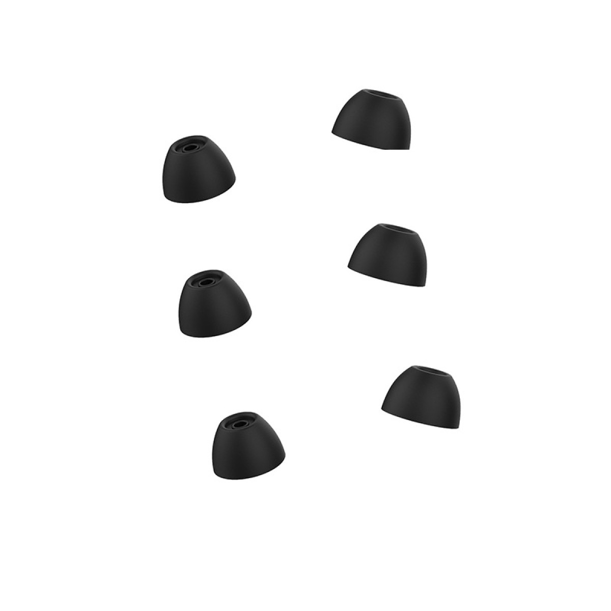 Sei auricolari neri di diverse dimensioni, su sfondo bianco.