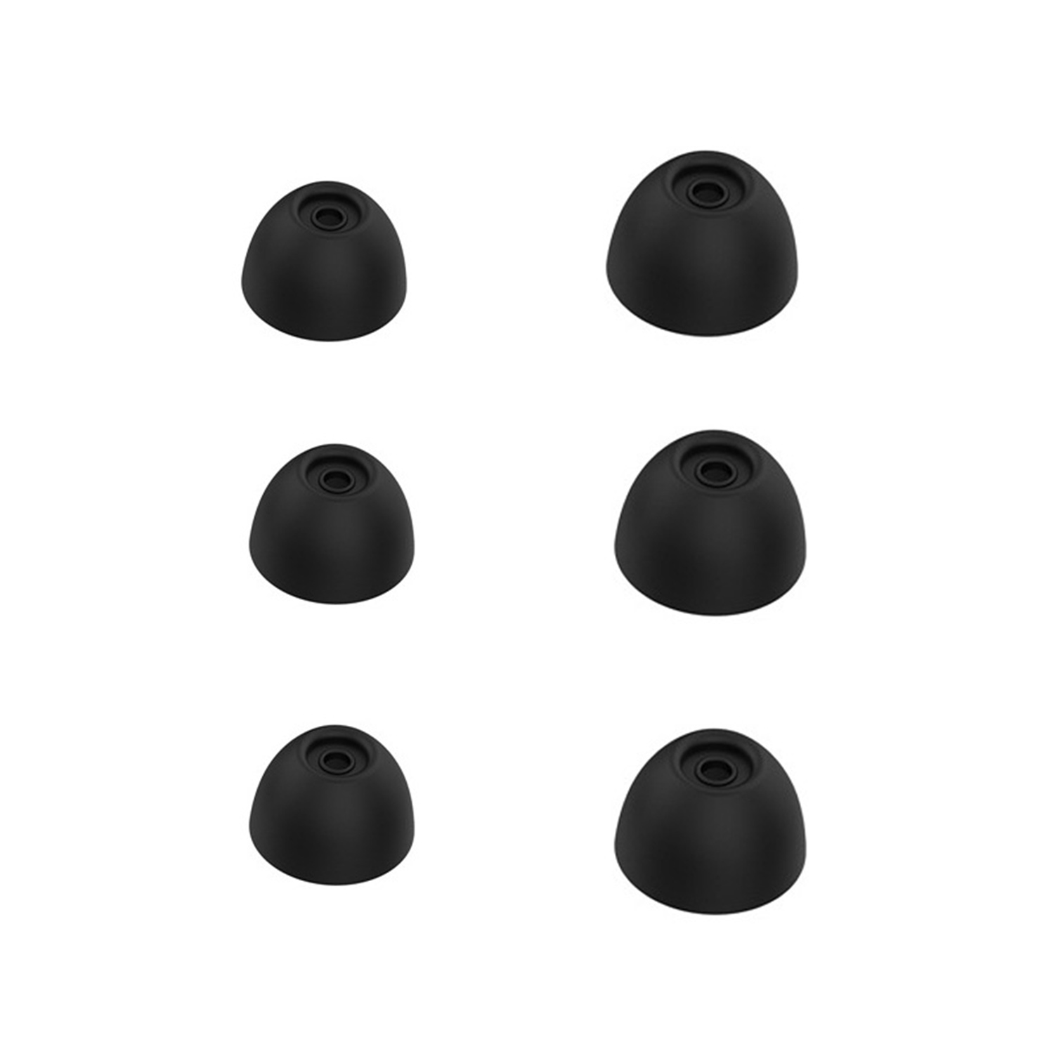 Sei auricolari neri. Tre paia di diverse dimensioni, ciascuna con una forma arrotondata a cono.