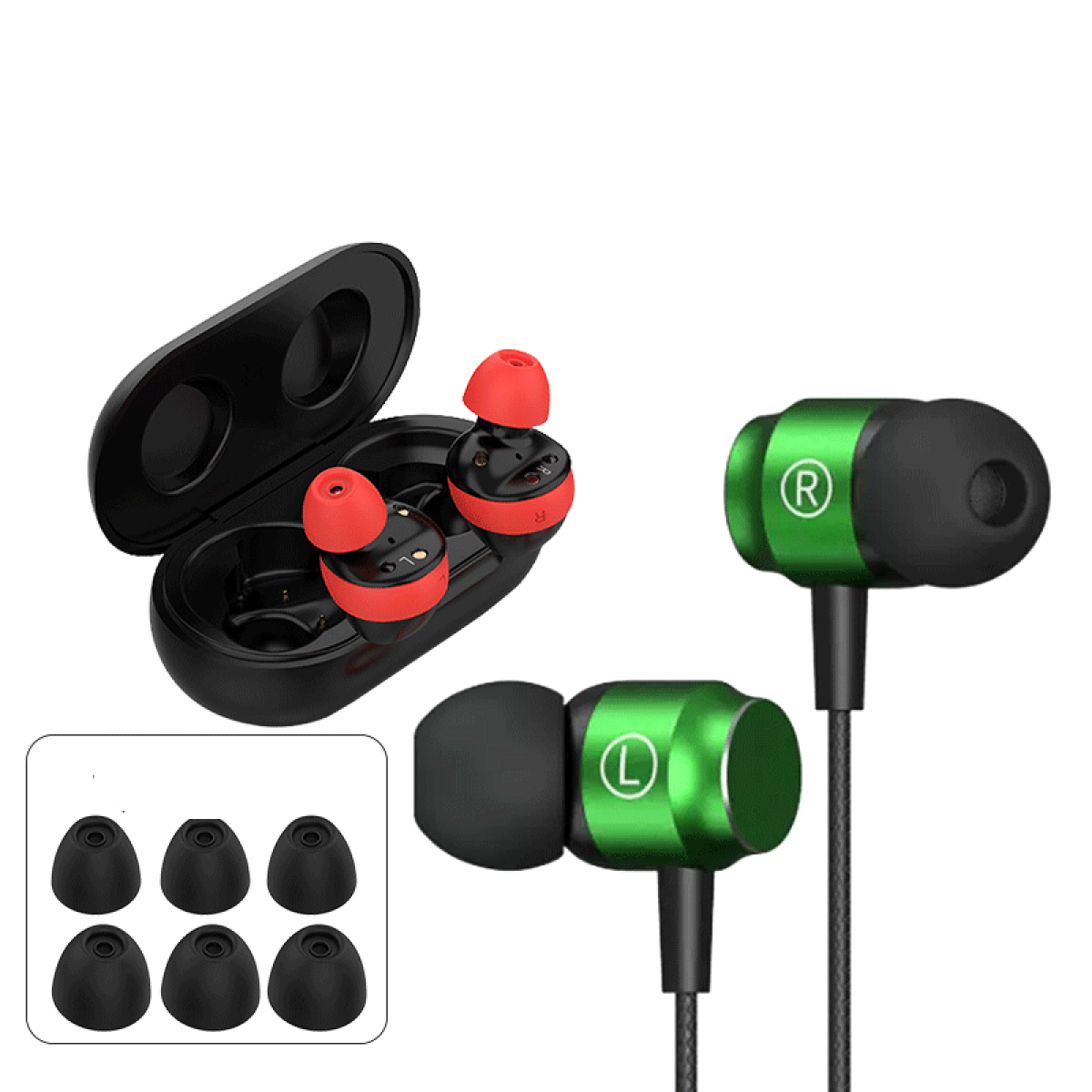 Auricolari con colori nero e verde. Sono presenti auricolari extra.