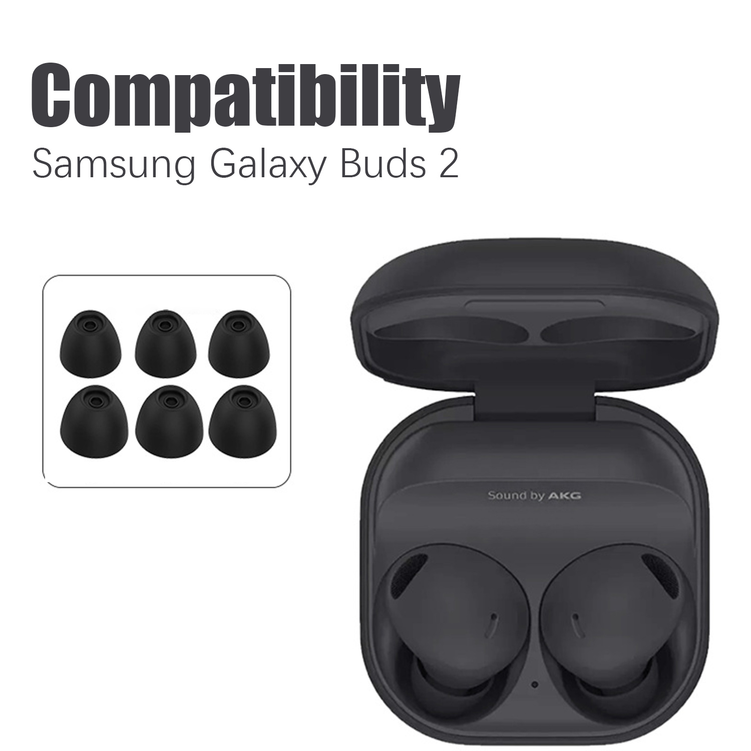 Custodia per auricolari nera aperta con auricolari all'interno e auricolari neri extra. Dice "Sound by AKG".