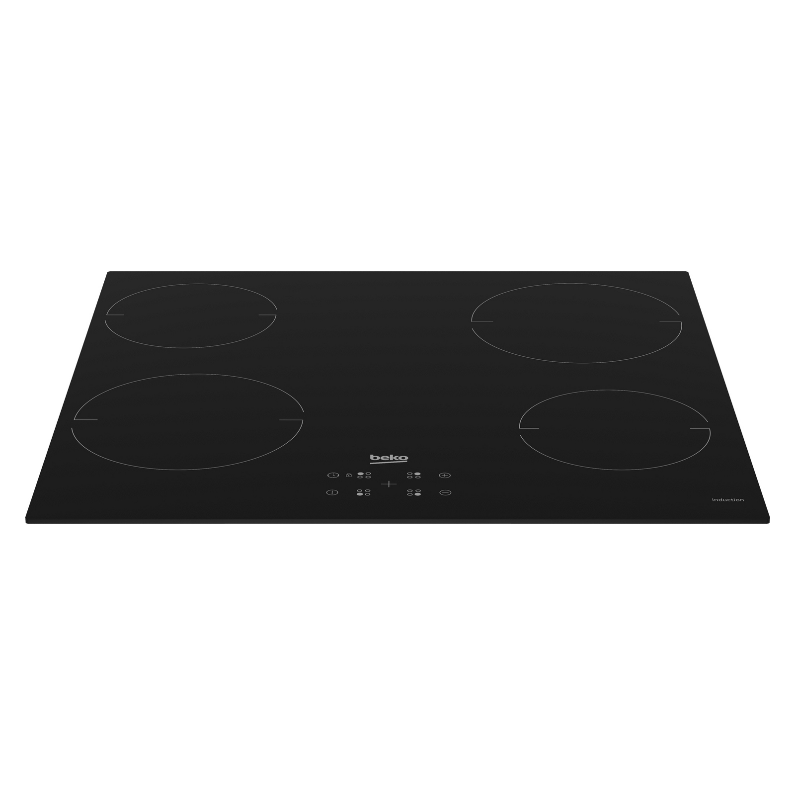 Czarna płyta indukcyjna z czterema strefami gotowania i panelem sterowania.