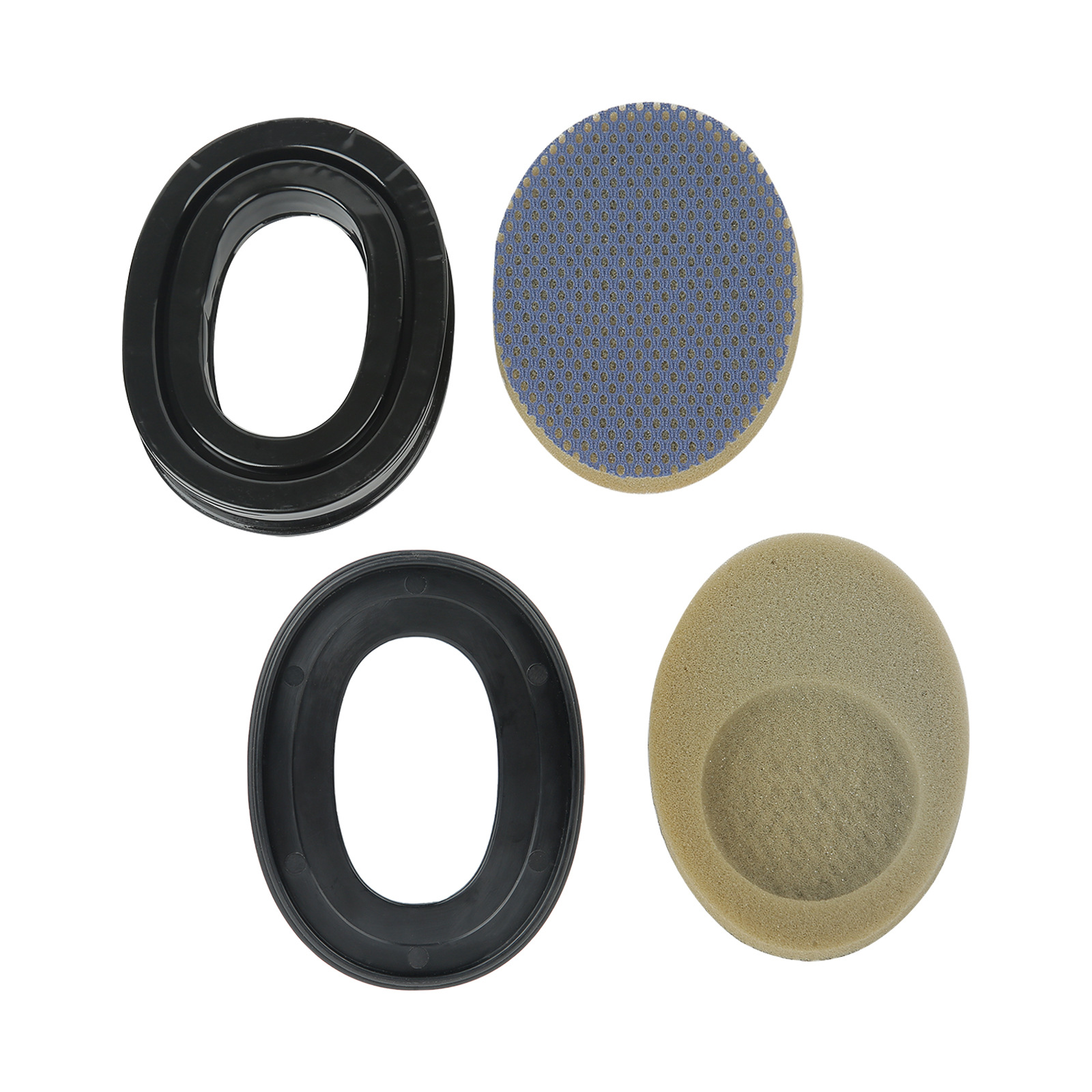 Four earphone parts: two black rings, a mesh pad, and a beige pad.