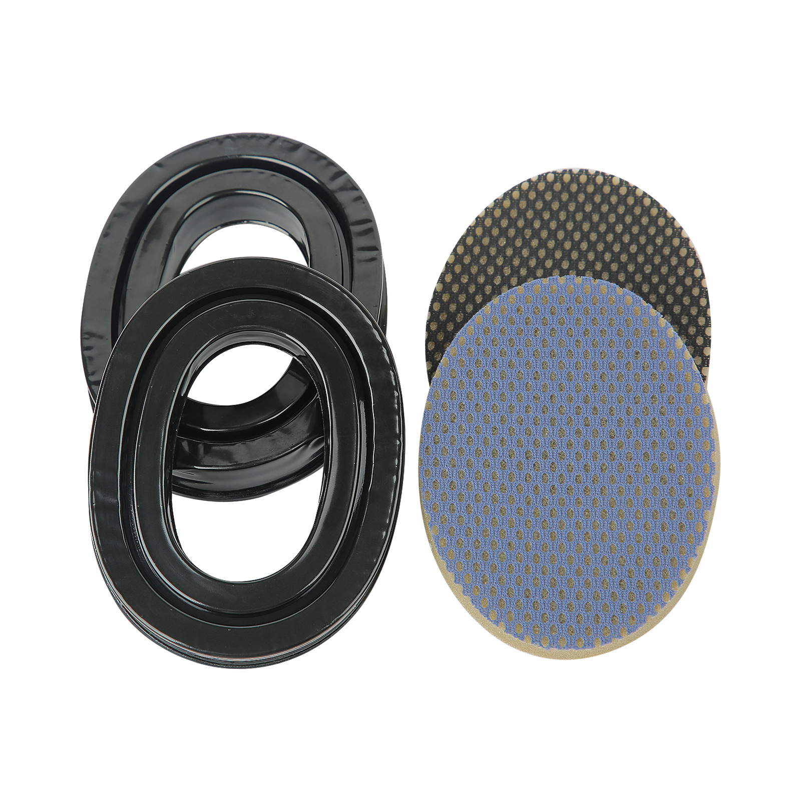 Black and beige polishing pads. Three black pads and two beige pads. White background.