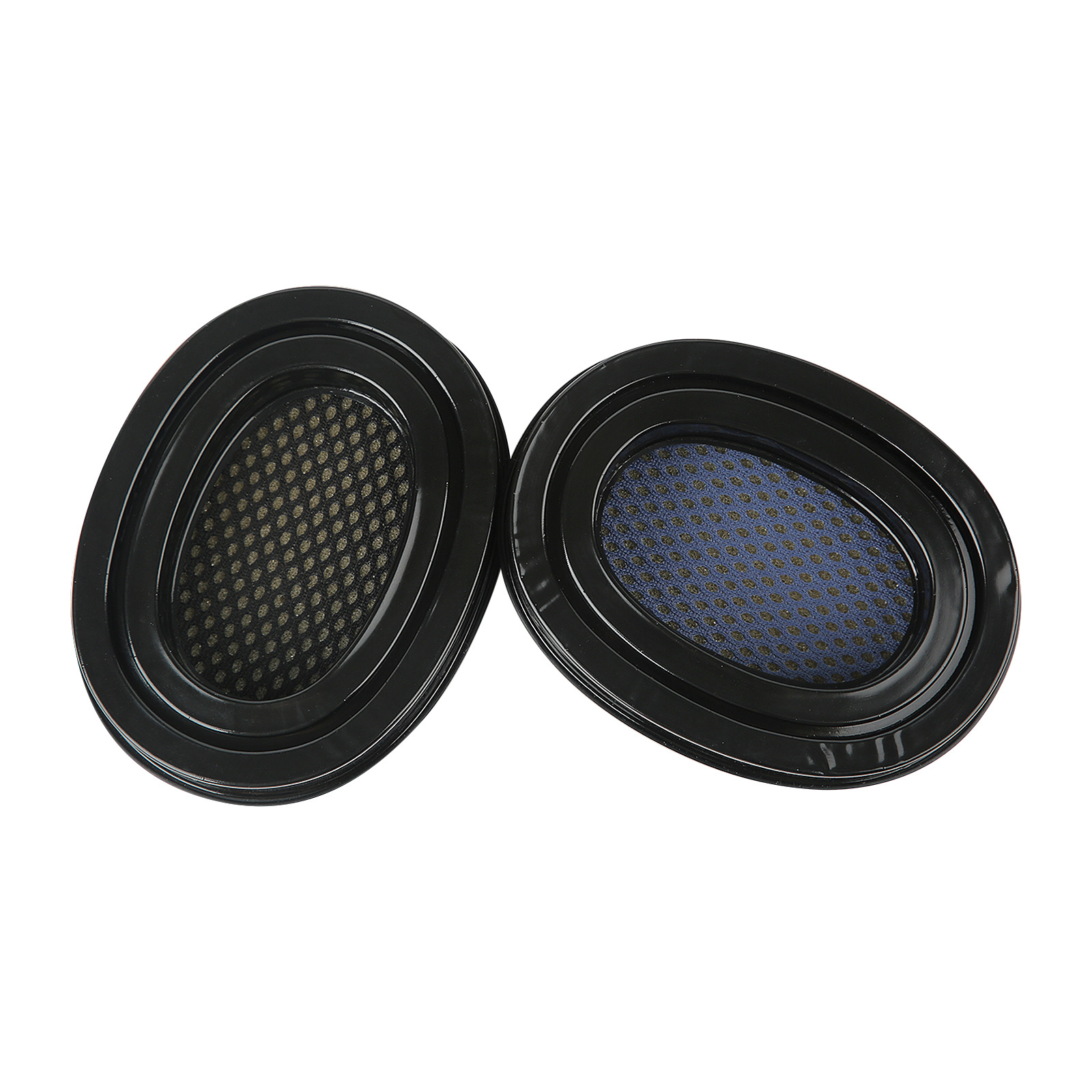 Two black oval ear pads, with a fine mesh and a blue net.
