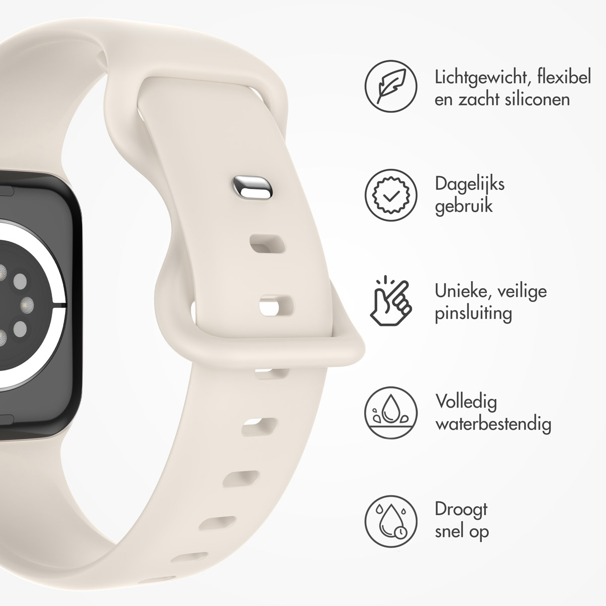 White watch strap with details. It shows lightweight, flexible, daily use, waterproof and quick dry.